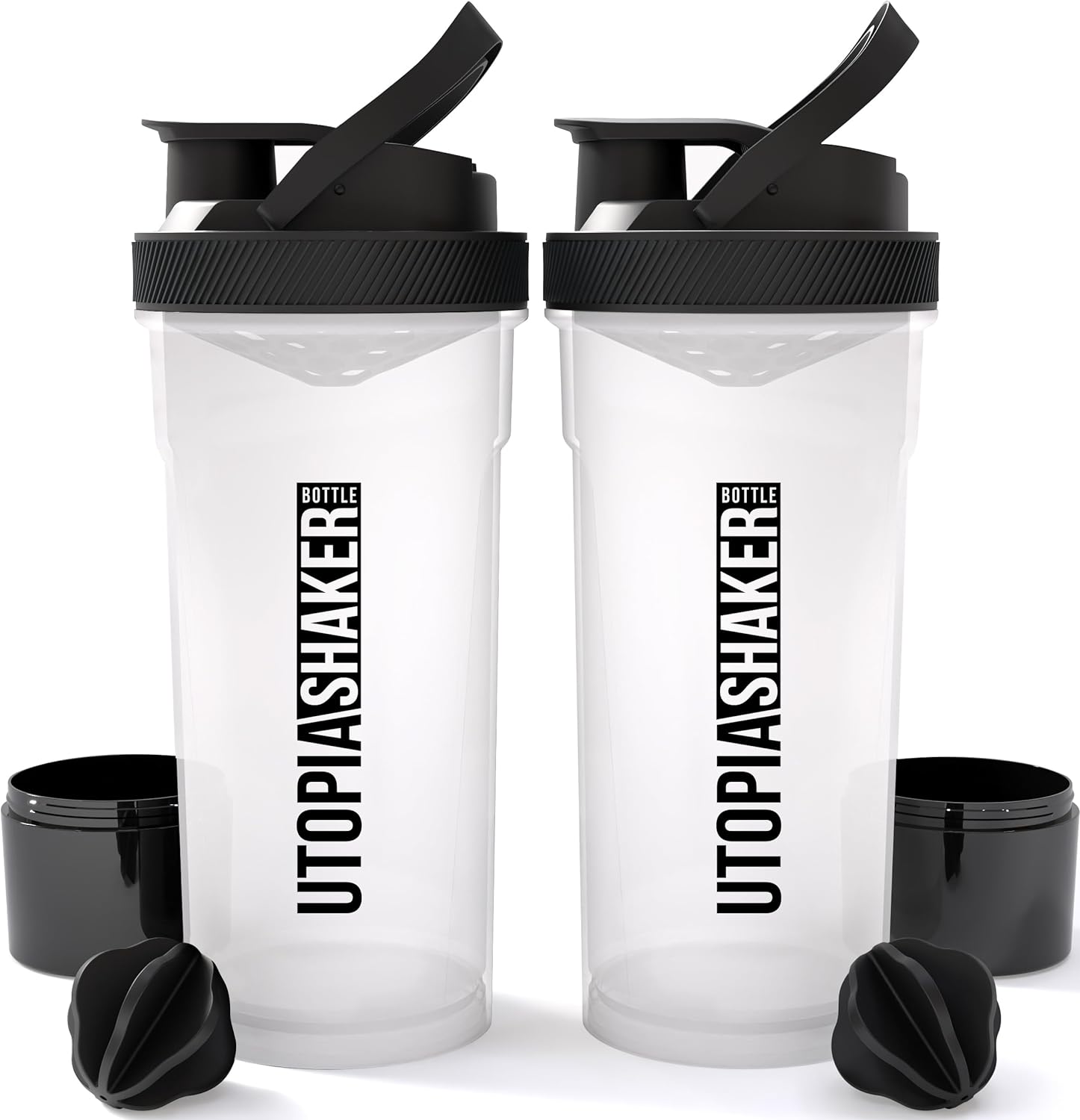 Utopia Home 2-Pack Shaker Bottle - 24 Ounce Protein Shaker Bottle for Pre & Post workout drinks - Classic Protein Mixer Shaker Bottle with Twist and Lock Protein Box Storage (Clear/Black)