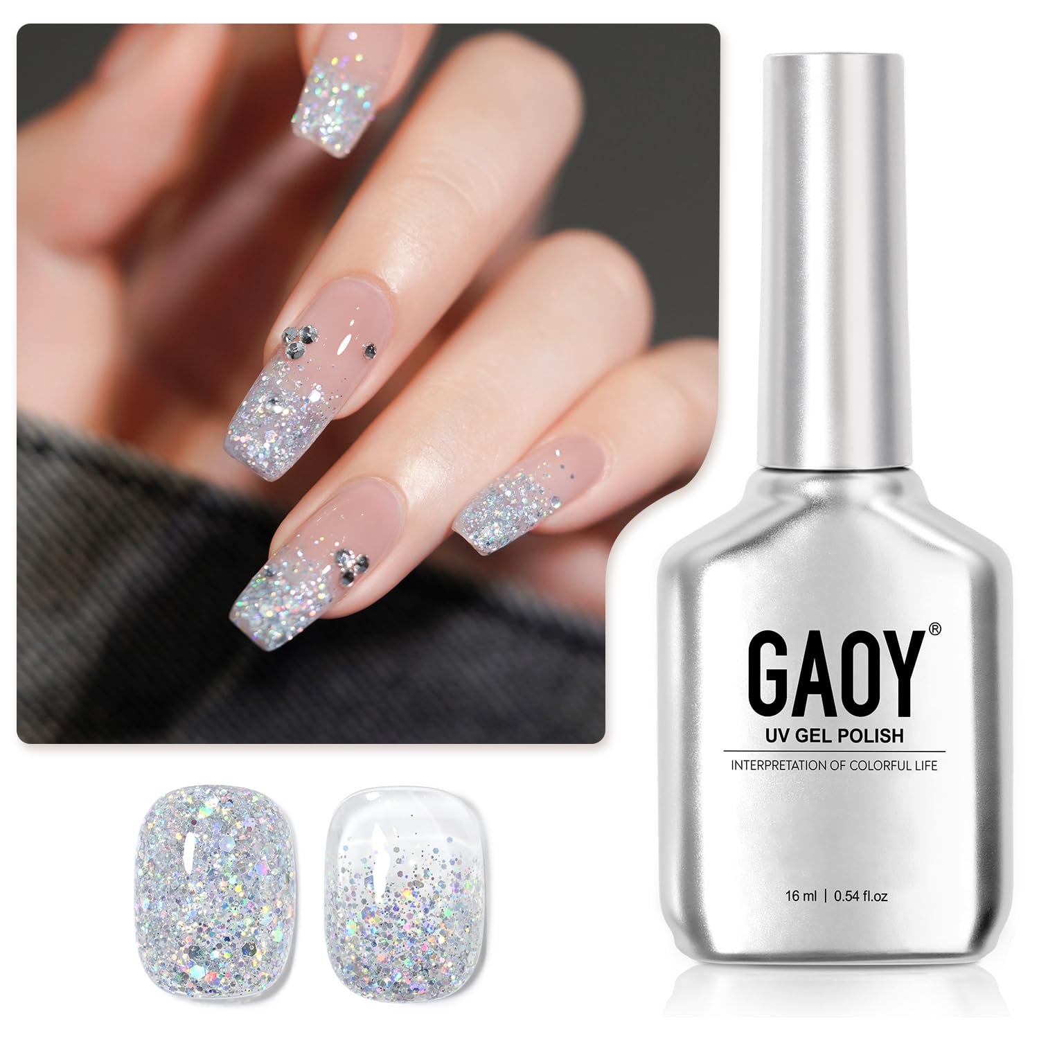 GAOY Glitter Gel Nail Polish, 16ml Silver Sparkly Gel Polish, Diamond Shiny Glitter Soak Off UV Gel for Nail Art, 1350 Milky Way