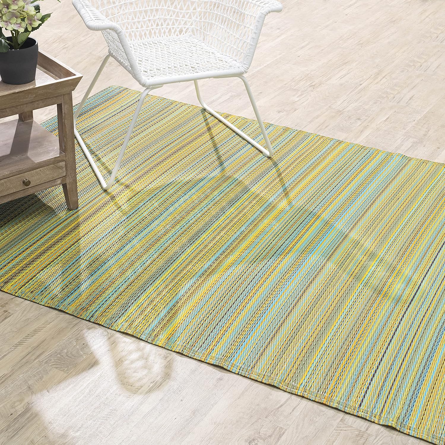 Fab Habitat Outdoor Rug - Waterproof, Fade Resistant, Crease-Free - Premium Recycled Plastic - Striped - Porch, Deck, Balcony, Mudroom, Laundry Room, Patio - Cancun - Lemon & Apple Green - 3 x 5 ft