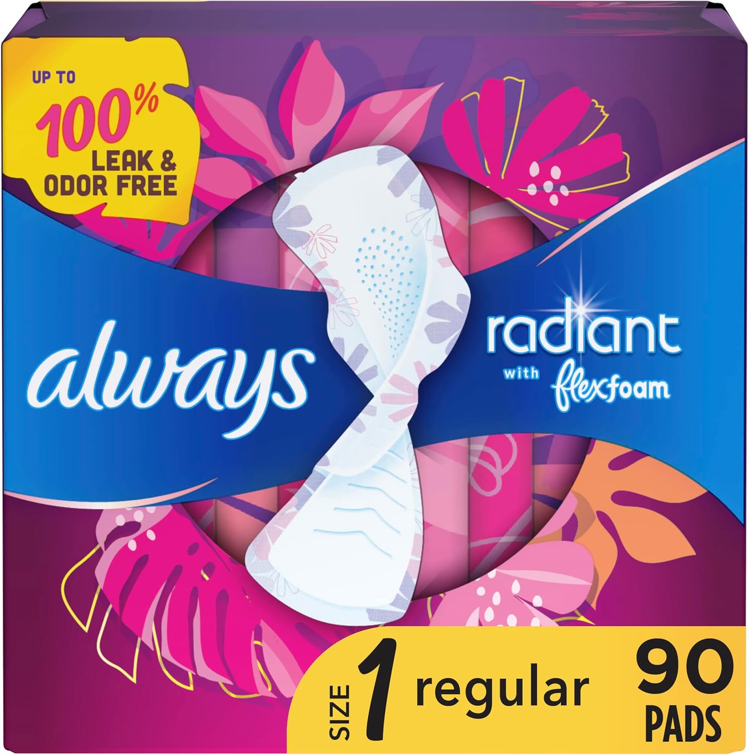 Always Radiant Feminine Pads For Women, Size 1 Regular Absorbency, Multipack, With Flexfoam, With Wings, Light Clean Scent, 30 Count x 3 Packs (90 Count total)