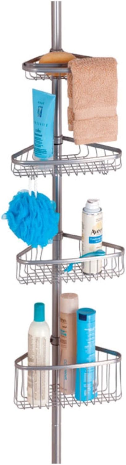 iDesign Steel 4-Shelf Extendable Tension Shower Caddy, The York Collection - 8 x 11 x 108, Silver, Adjustable from 5'-9'