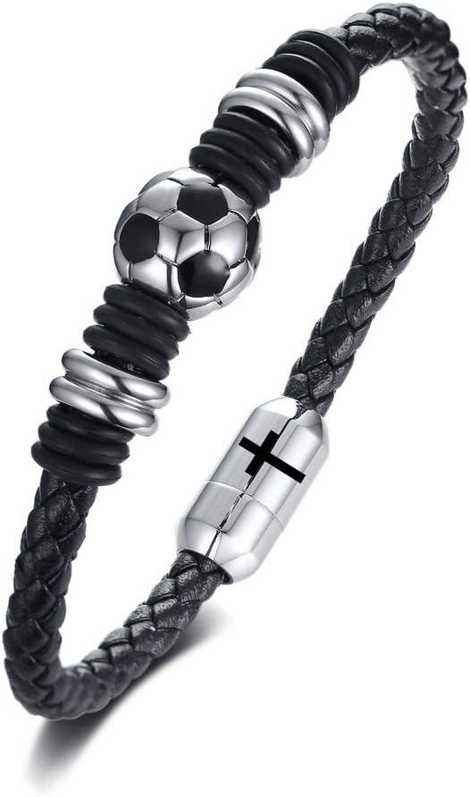 MEALGUET Soccer Bracelet for Boys Men Braided Soccer Leather Wristband Gifts for Son with Solid Stainless Steel Soccer Ball Charm, Customized Initial Name on Clasp, Football Jewelry gift