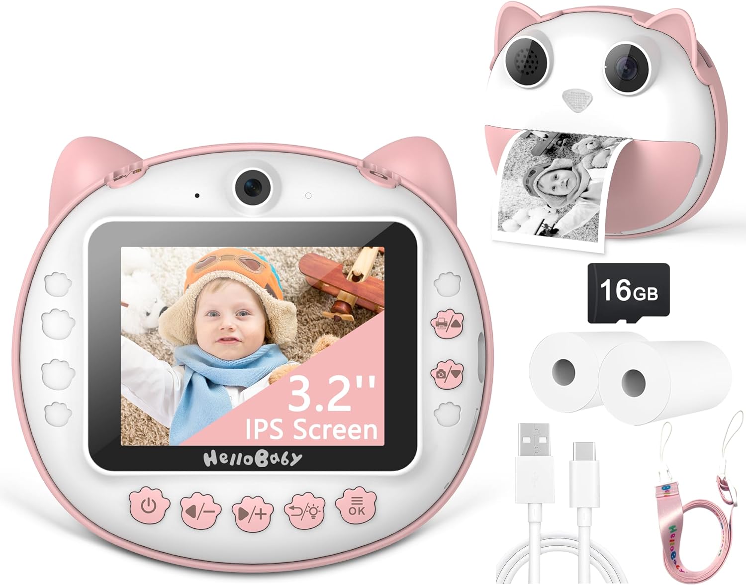 HelloBaby Instant Print Camera for Kids, 3.2 Inch IPS Screen Kids Instant Cameras, 1080P HD Digital Video Cameras for Toddler, Portable Travel Camera Toy for 3-12 Years Old Girl with 16GB SD Card-Pink