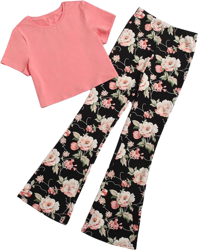 SOLY HUX Girl's 2 Piece Summer Outfits Top Graphic Tees T Shirt & Floral Bell Bottoms Flare Leg Pants