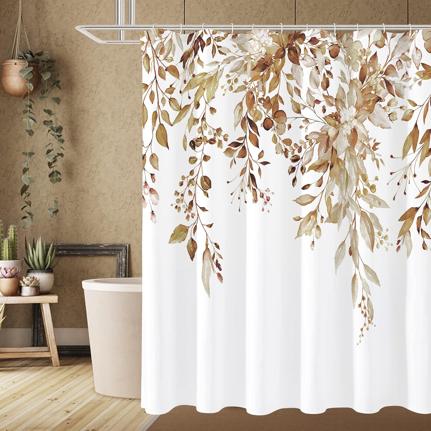 Gibelle Extra Long Shower Curtain 72 x 84, Brown Floral Shower Curtain for Bathroom, Watercolor Plant Eucalyptus Leaves Fabric Shower Curtain Set with Hooks