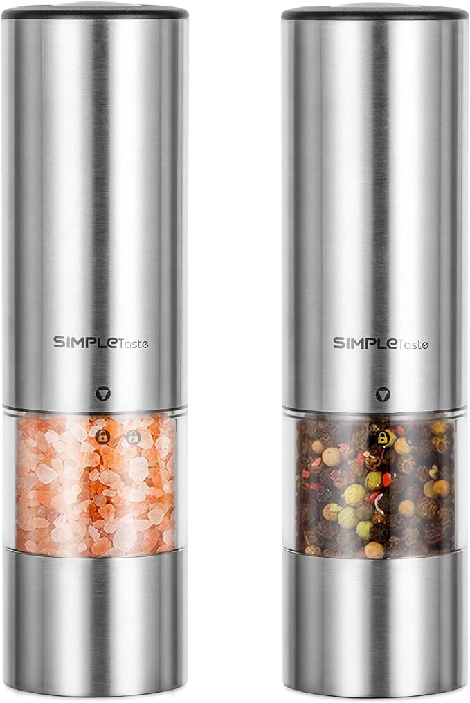 SIMPLETASTE Electric Salt and Pepper Grinder Set, Automatic One Handed,Stainless Grinders with Lights and Adjustable Coarseness,Battery Operated