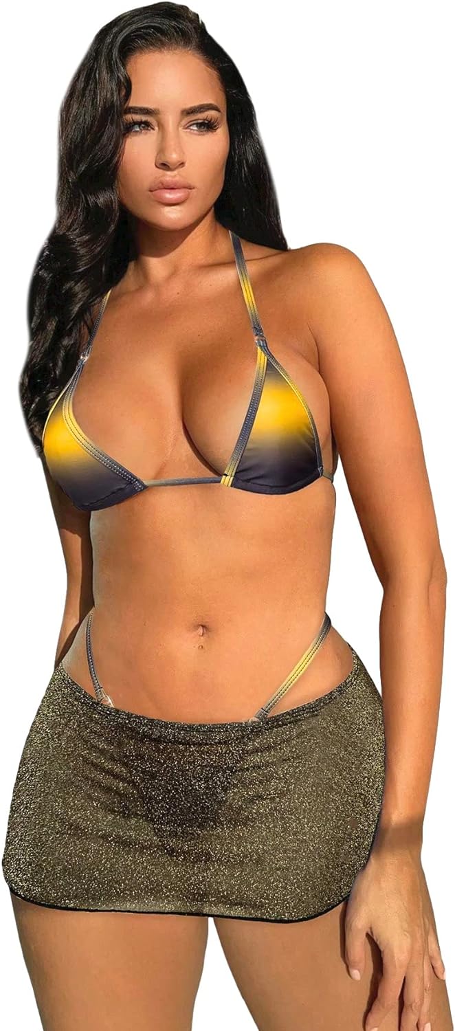 WDIRARA Women' Micro Halter Cheeky 3 Piece Thong Bikini Set with Mesh Cover Up Skirt