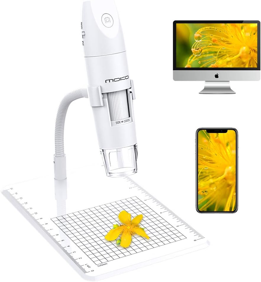 MoKo Wireless Digital Microscope 50x to 1000x 1080P 2.0 MP Microscope Camera Mini Pocket Handheld USB WiFi Endoscope Portable 8 LED Compatible with iPhone/iPad/Mac/Window/Android/iOS - White