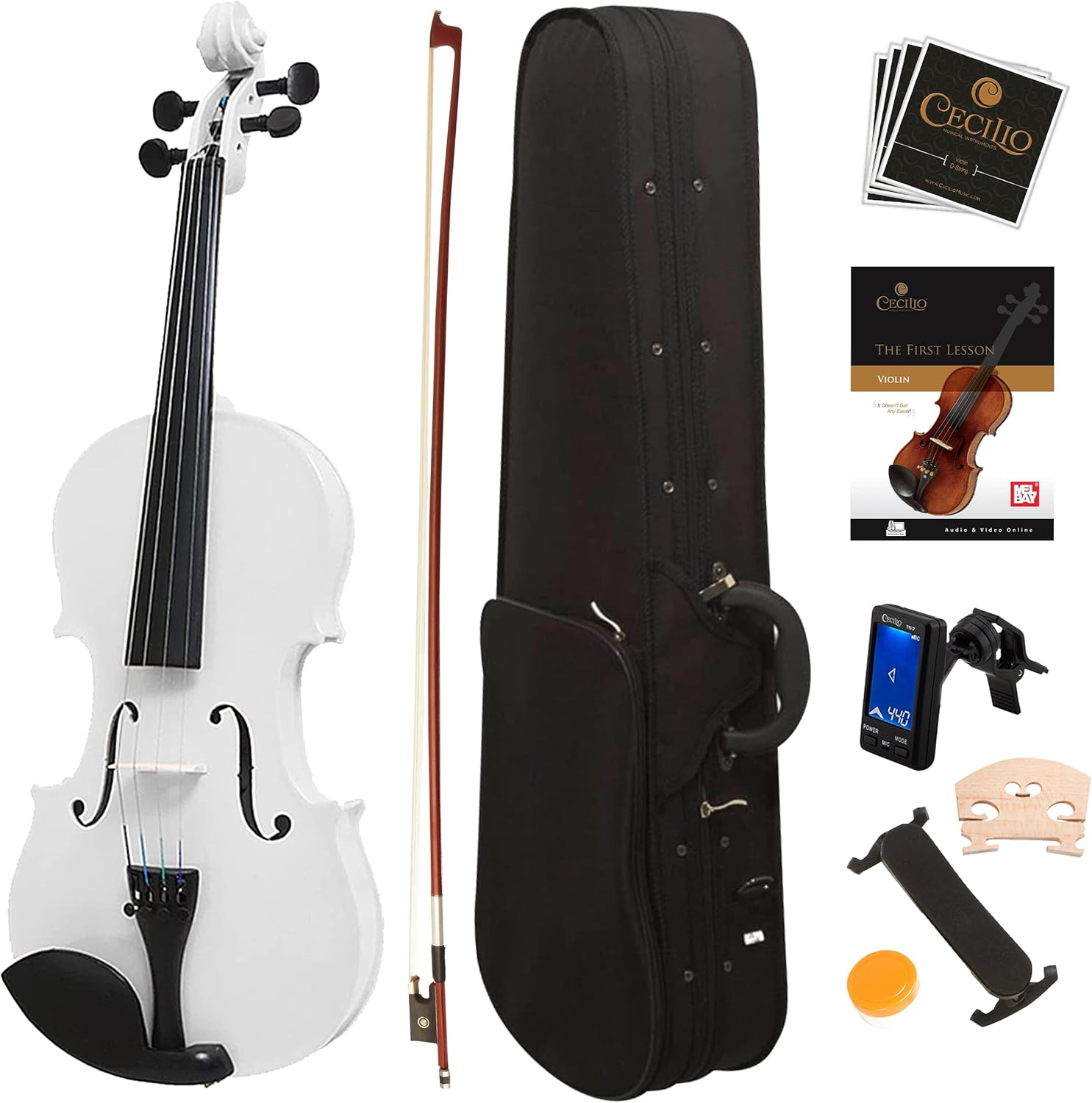 Mendini By Cecilio Violin For Kids & Adults - 4/4 MV White Violins, Student or Beginners Kit w/Case, Bow, Extra Strings, Tuner, Lesson Book - Stringed Musical Instruments