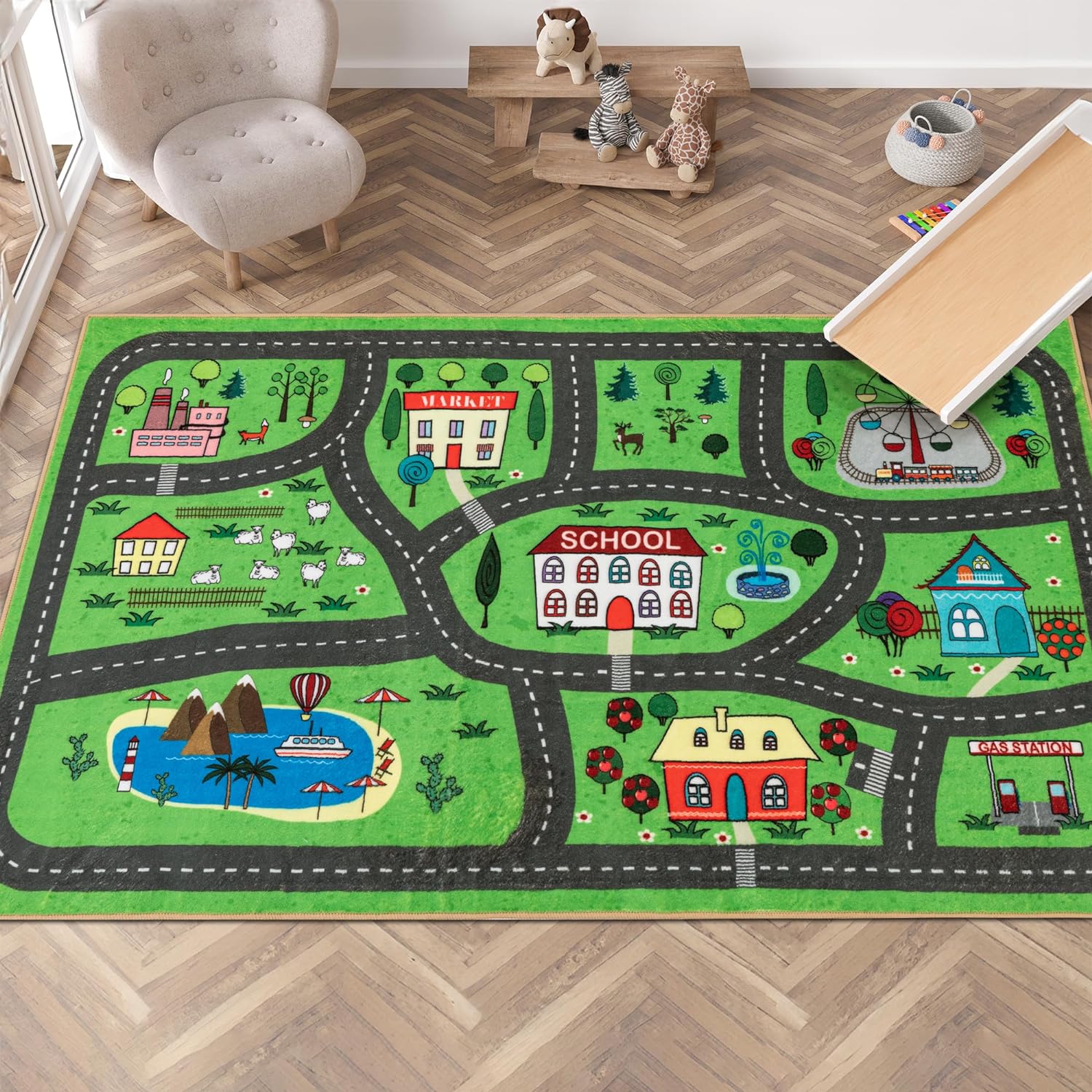 JML Car Game Rug 2.13.6Ft City Life Road Traffic Game Room Carpet - Kids Play Mat Children' Room Rug Suitable for Toy Cars, Children' Bedrooms, Infant and Toddler Play Mat