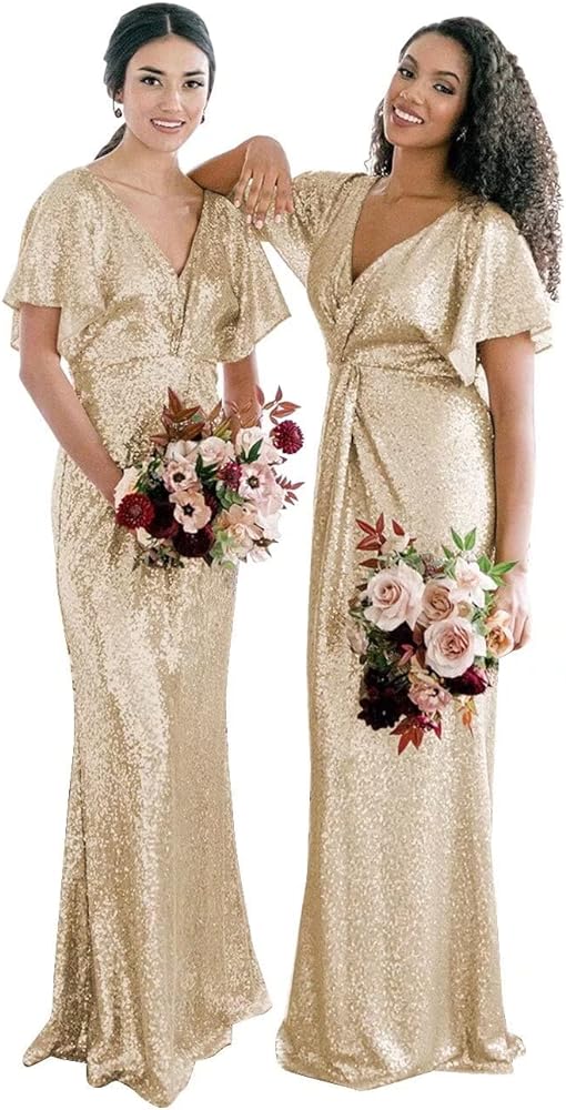 Women's V Neck Sequin Bridesmaid Dresses Long Sparkly Prom Dresses 2024 Mermaid Wrap Formal Evening Gowns