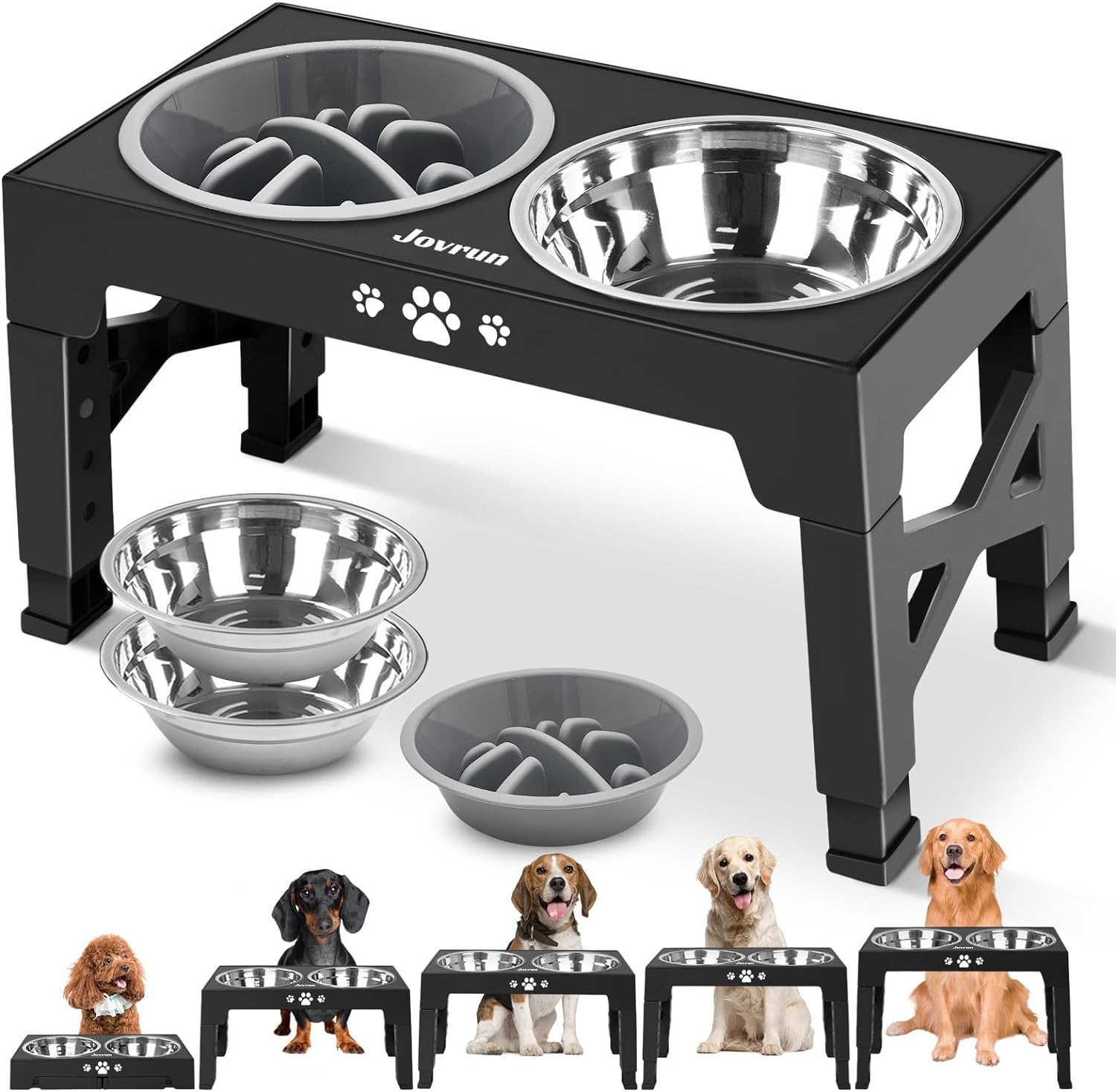 Jovrun Elevated Dog Bowls, Dog Feeder with 2 Stainless Steel Bowls &1 Slow Feeder Dog Bowls, 5 Heights Adjustable Raised Dog Bowls Stand for Medium Large Dogs, Dog Food Bowls with Non-Slip Feet