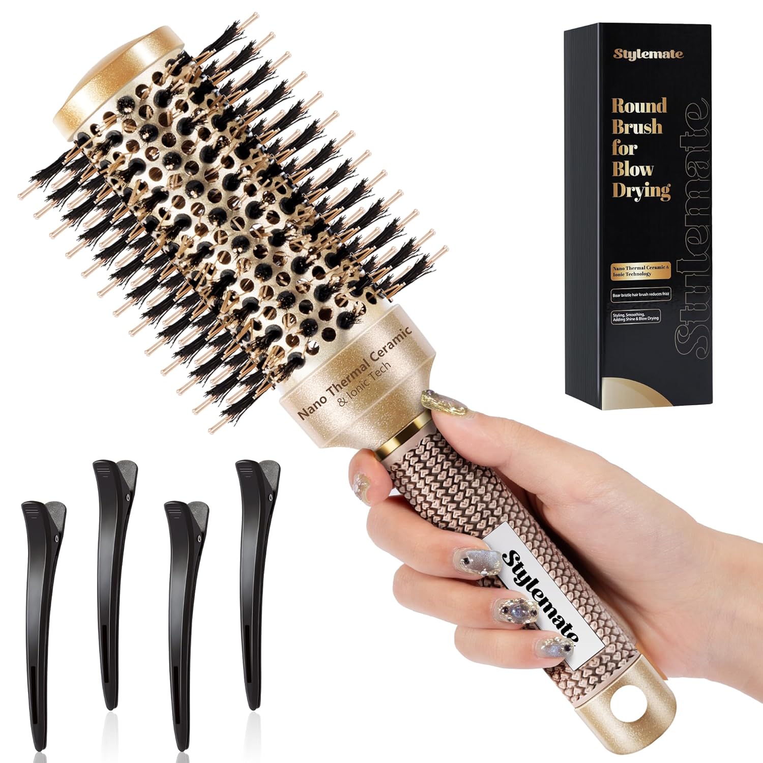 Round Brush for Blow Out, Nano Thermal Ceramic & Ionic Tech Round Barrel Hair Brush with Boar Bristle, Roller Brush for Blow Drying and Styling, 4 Free Clips (2.9 Inch, Barrel 1.7 Inch, 45mm)