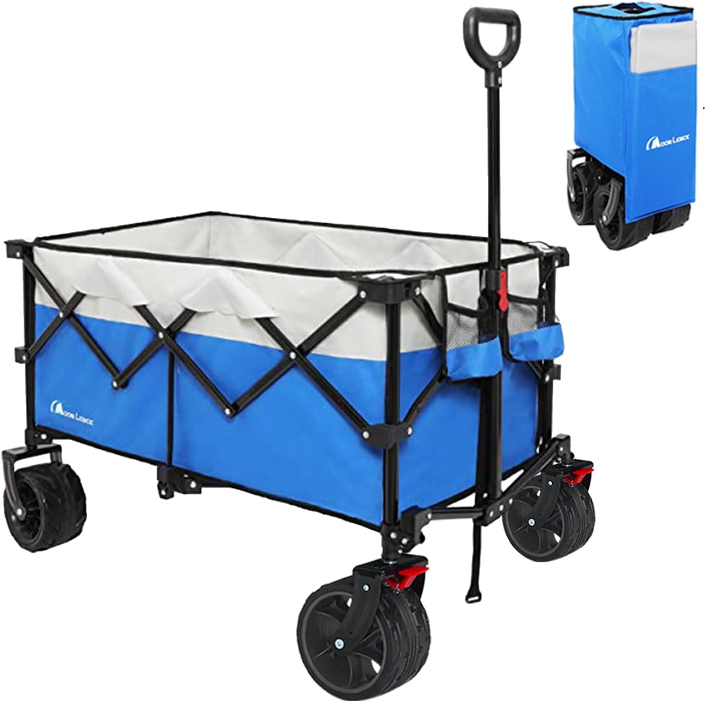 Moon Lence Collapsible Folding Wagon Cart Heavy Duty Folding Garden Portable Hand Cart with All-Terrain Beach Wheels, Adjustable Handle & Drink Holders (Blue)