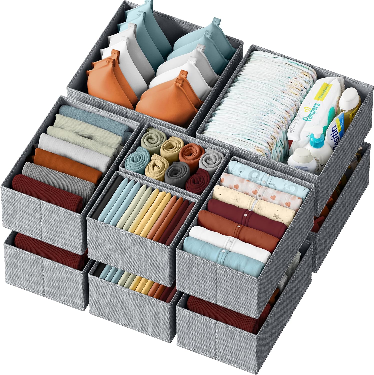 Drawer Organizer Clothes Set of 12 Grey - Dresser Organizer For Nursery, Bedroom, Closet - The Perfect Baby Clothes Organizer and Storage & General Nursery Organization or Dresser Drawer Organizers