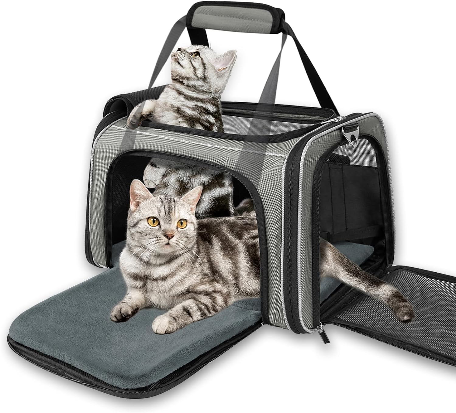 YUDODO Expandable Pet Cat Carrier Airline Approved with Foldable Mat Soft Sided Cat Dog Travel Carrier Portable Cat Carriers Under 20 lbs Puppy Carrier Bag for Small Medium Large Cats,Grey