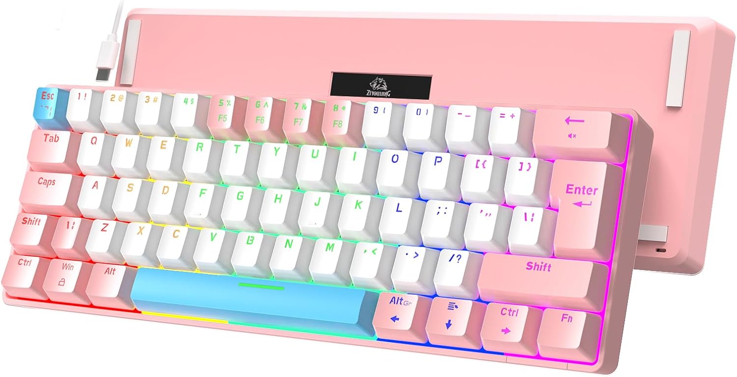 ZIYOU LANG T60 Wired 60% TKL Mechanical Gaming Keyboard with Led Rainbow Backlight Ultra-Compact NKRO Tactile Clicky Blue Switch Tri-Color ABS Keycap for Windows Laptop PC Mac Gamer(Pink/White)