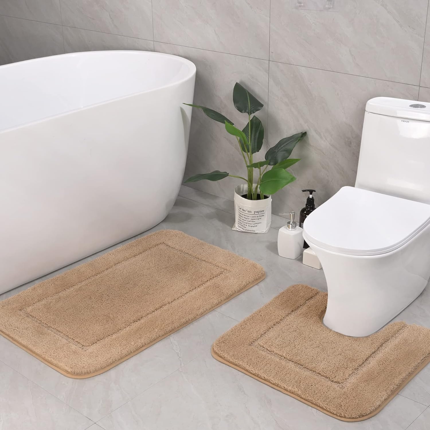 LOCHAS Bathroom Rug Set Beige, Soft Bath Rug Set 2 Piece Set, Toilet Mat U-Shaped 20x20 and 34x20 Bathroom Rugs, Quickly Dry Mats for Bathroom, Tub, Washable, Super Absorbent Floor Mat