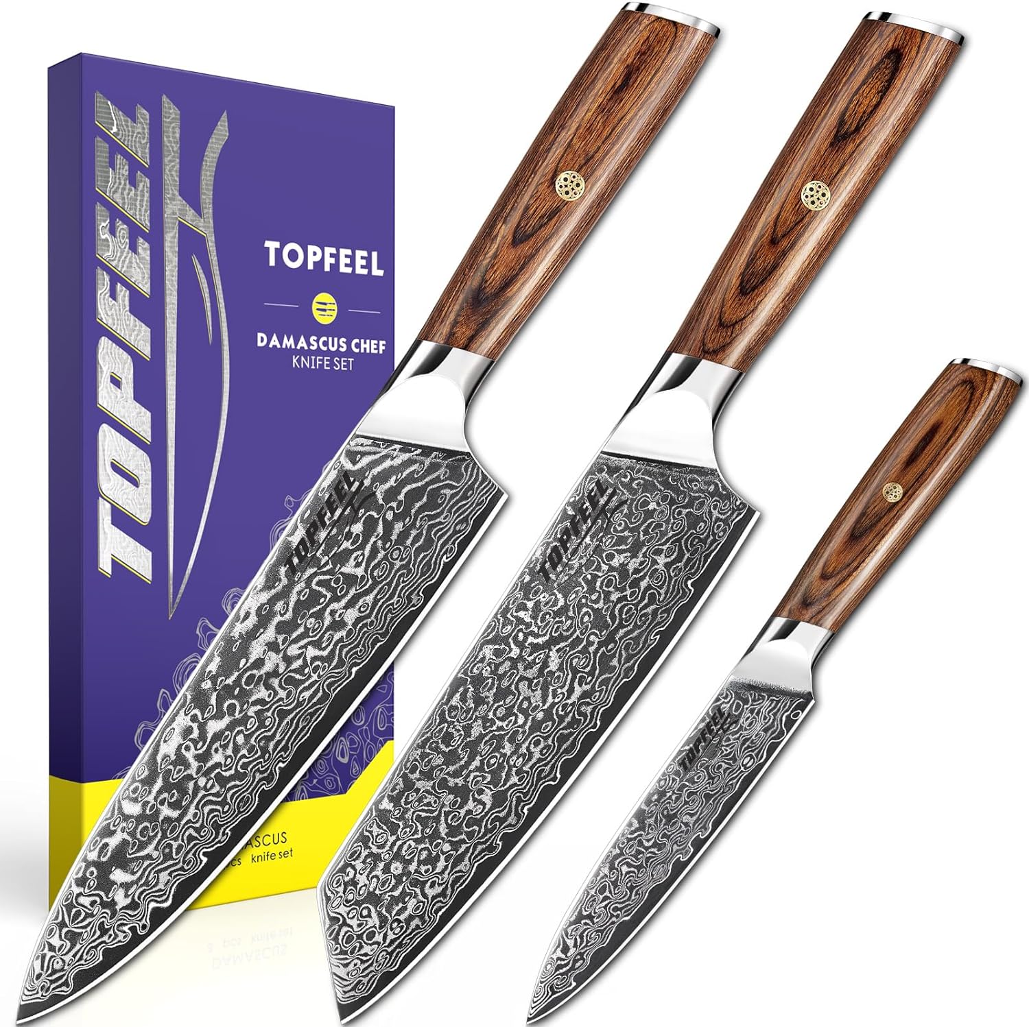 Damascus Knife Set 3PCS, Damascus Japanese VG-10 stainless steel Chef Knife Set Professional, Ultra-Sharp Kitchen Cooking Knife with Ergonomic Wood Handle����