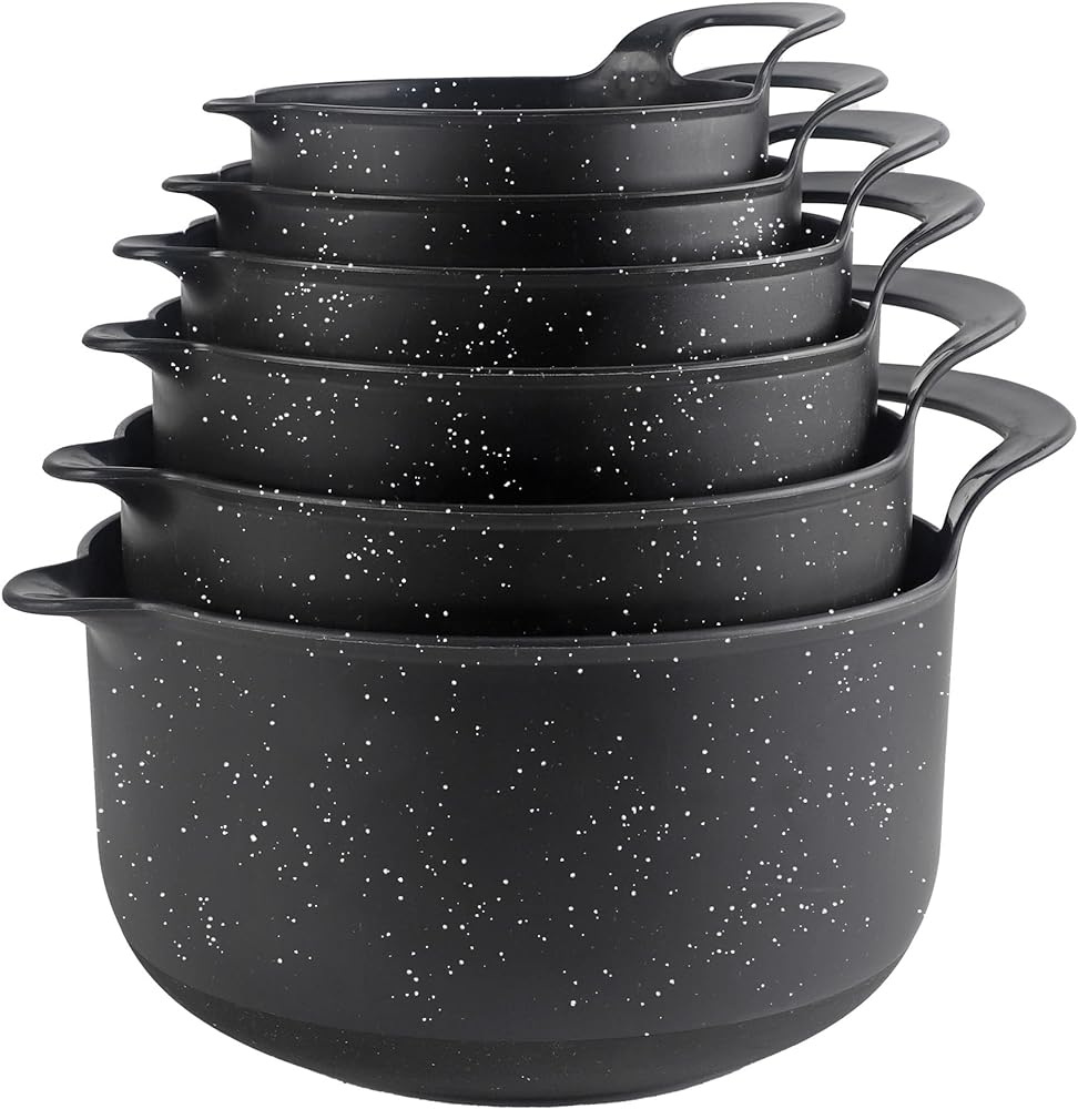 COOK WITH COLOR Non-Slip Mixing Bowls - 6 Piece Nesting Plastic Mixing Bowl Set with Pour Spouts and Handles-Measurement Markings (Black)