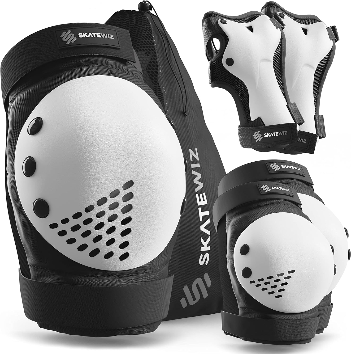 SKATEWIZ Skateboard Pads Protective Gear Set for Kids - Smash - Roller Skate Pads [6pc] - Elbow Pads Roller Derby and Knee Pads Kids Skating with Wrist Guards for Kids and adults