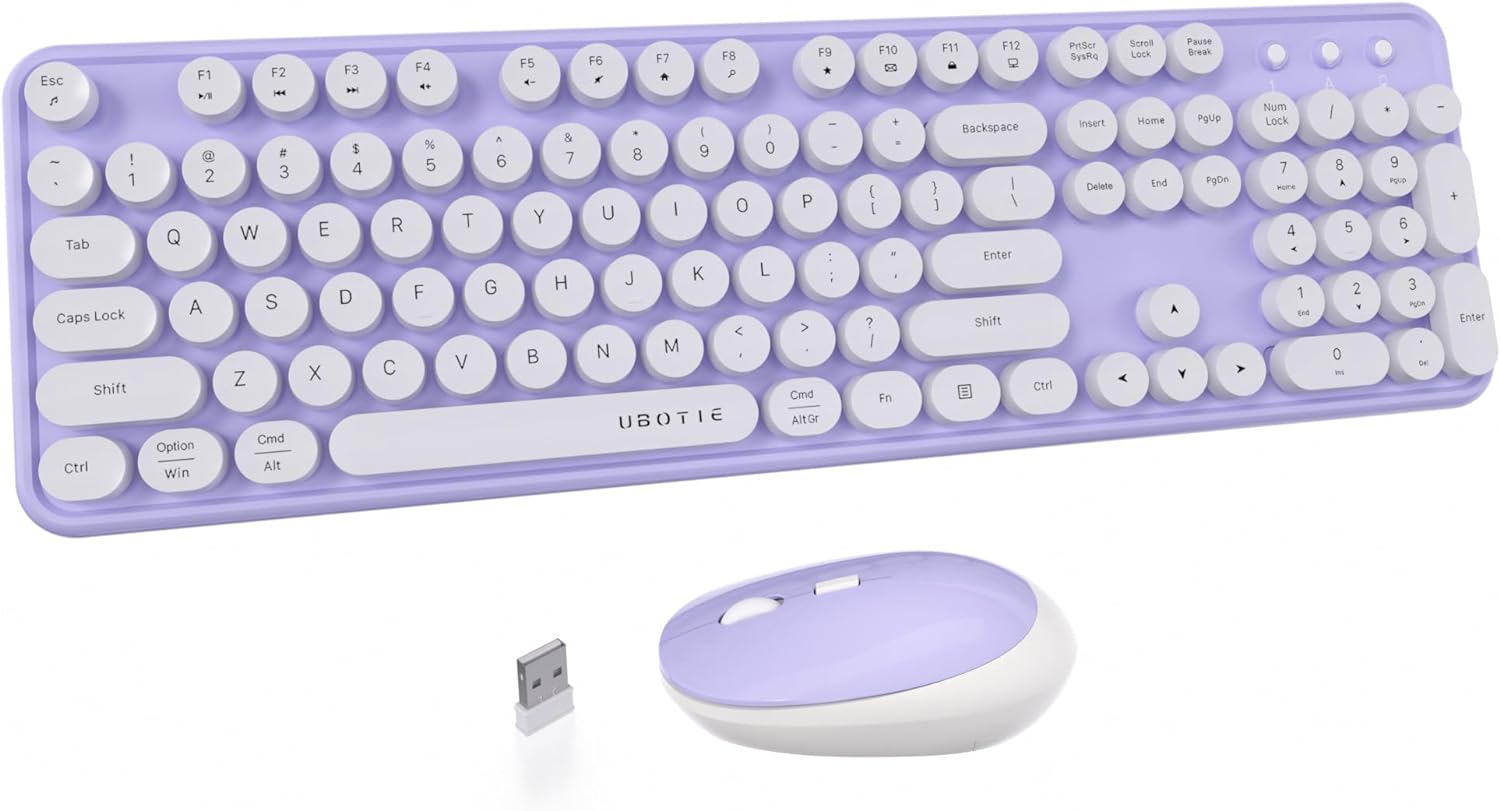 UBOTIE Colorful Computer Wireless Keyboards Mouse Combo, Typewriter Flexible Keys Office Full-Sized Keyboards, 2.4GHz Dropout-Free Connection and Optical Mouse (Purple-White)