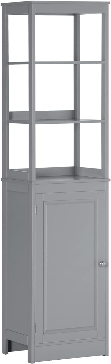 kleankin Tall Bathroom Storage Cabinet, Freestanding Linen Tower with 3-Tier Open Shelf and Door, Slim Floor Organizer, Grey