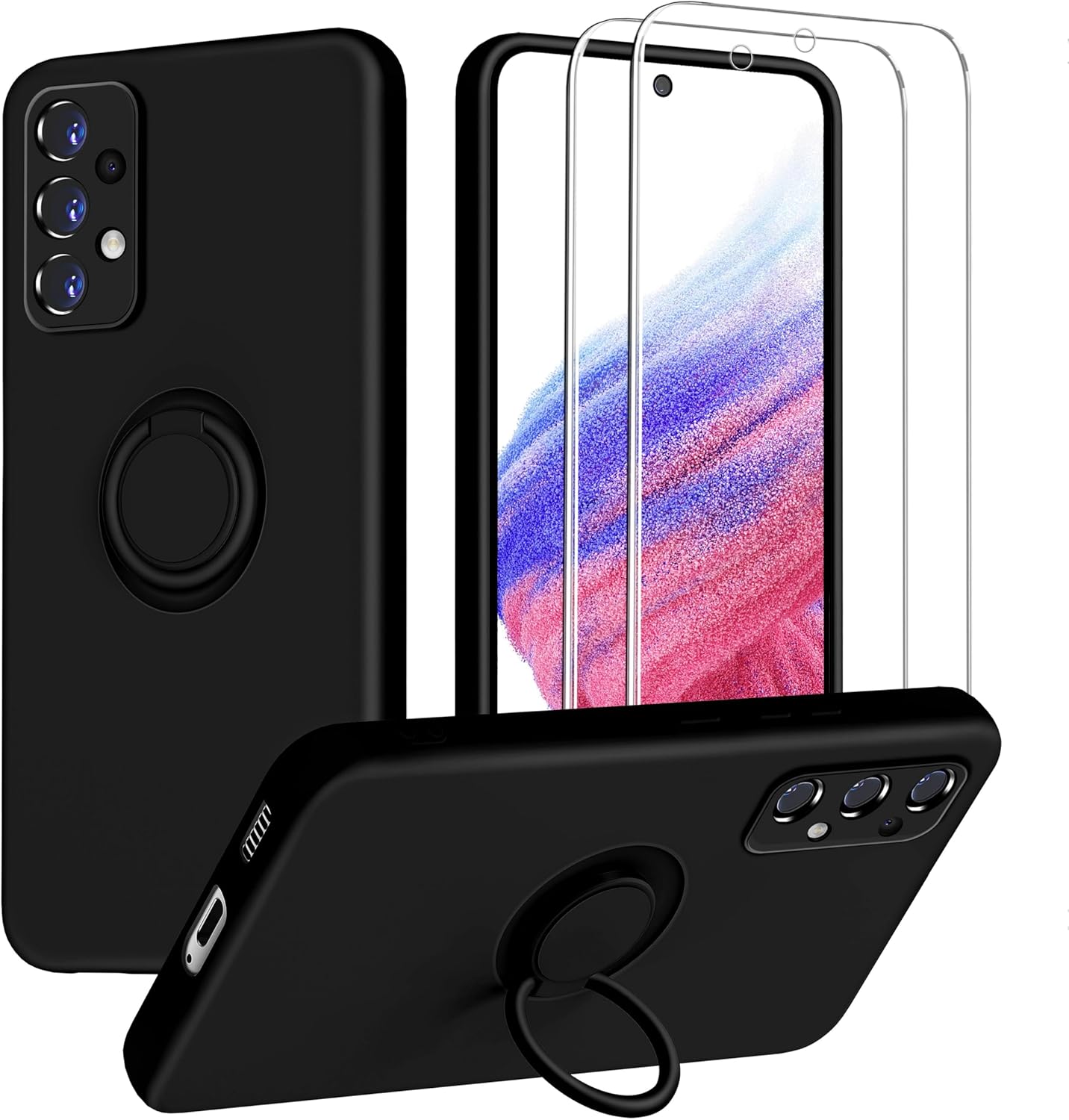 Dssairo for Samsung Galaxy A53 5G Phone Case, Ring Stand [360 Rotatable Ring Holder] with 2 Screen Protector, with Full Camera Cover Protection, Silicone Slim Protective Phone Case (Black)