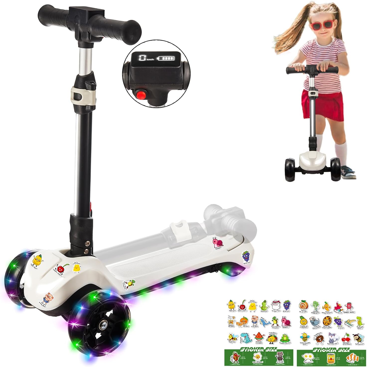 3 Wheel Electric Scooter for Kids and Toddlers Ages 3-8, LED Display, Premium Front Light and Wheel Lights, Boys and Girls, Safe Kick Lightup, Folding EScooter, 5Mph Safe Speed, 80min Ride Time