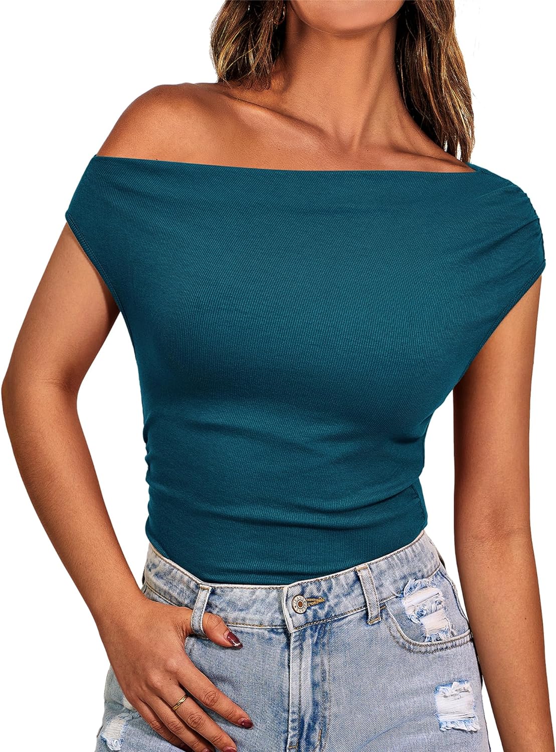 BTFBM Women Off The Shoulder Tops Casual Summer Boat Neck Sleeveless Ruched Ribbed Shirt Slim Fitted Y2K Going Out Top