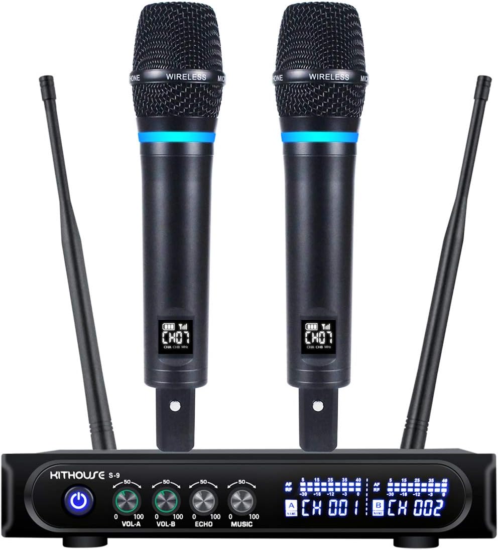 S9 UHF Rechargeable Wireless Microphone System Karaoke Microphone Wireless Mic Cordless Dual with Bluetooth Receiver Box + Volume Control ECHO for Karaoke Singing Speech Meeting Church, 200FT