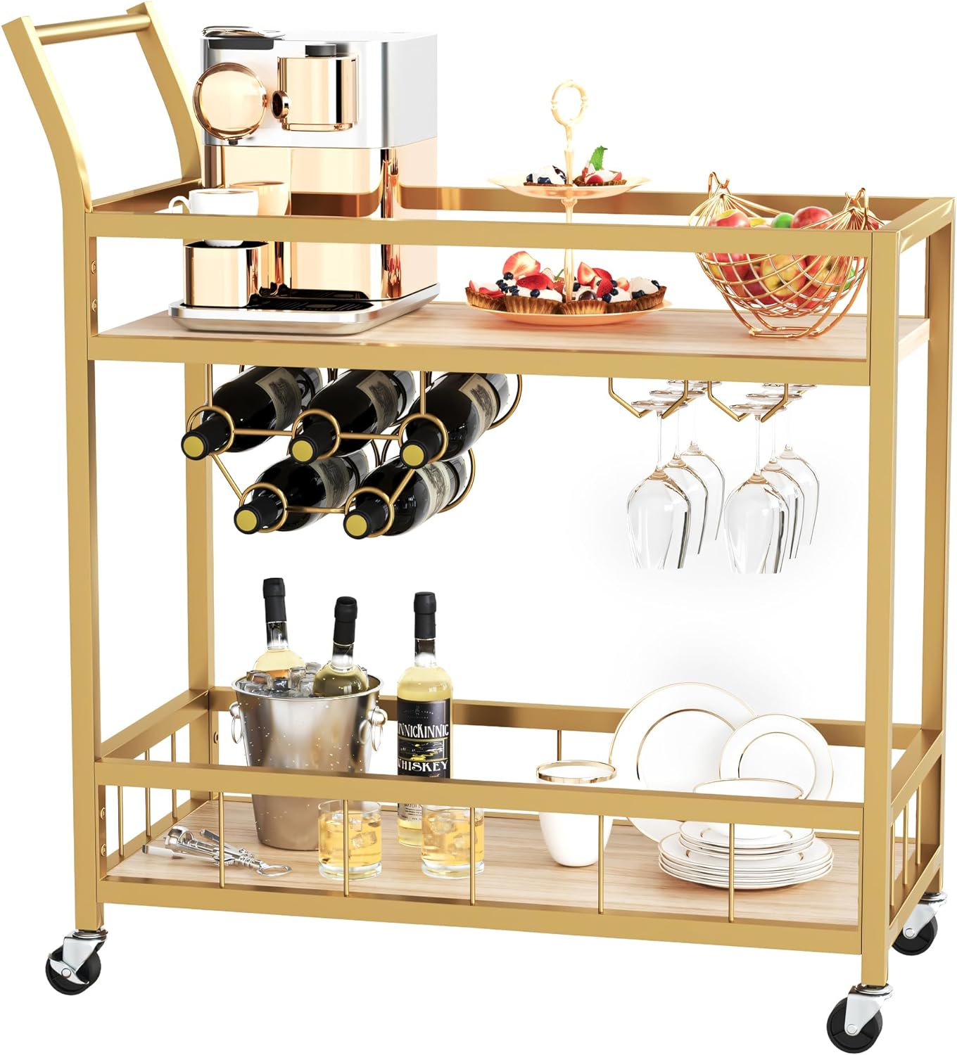 Furmax Bar Cart Gold Home Industrial Mobile Bar Cart Serving Wine Cart on Wheels with Wine Rack and Glass Holder 2 Storage Shelves, Beverage Cocktail Cart for The Home Kitchen Dining Party