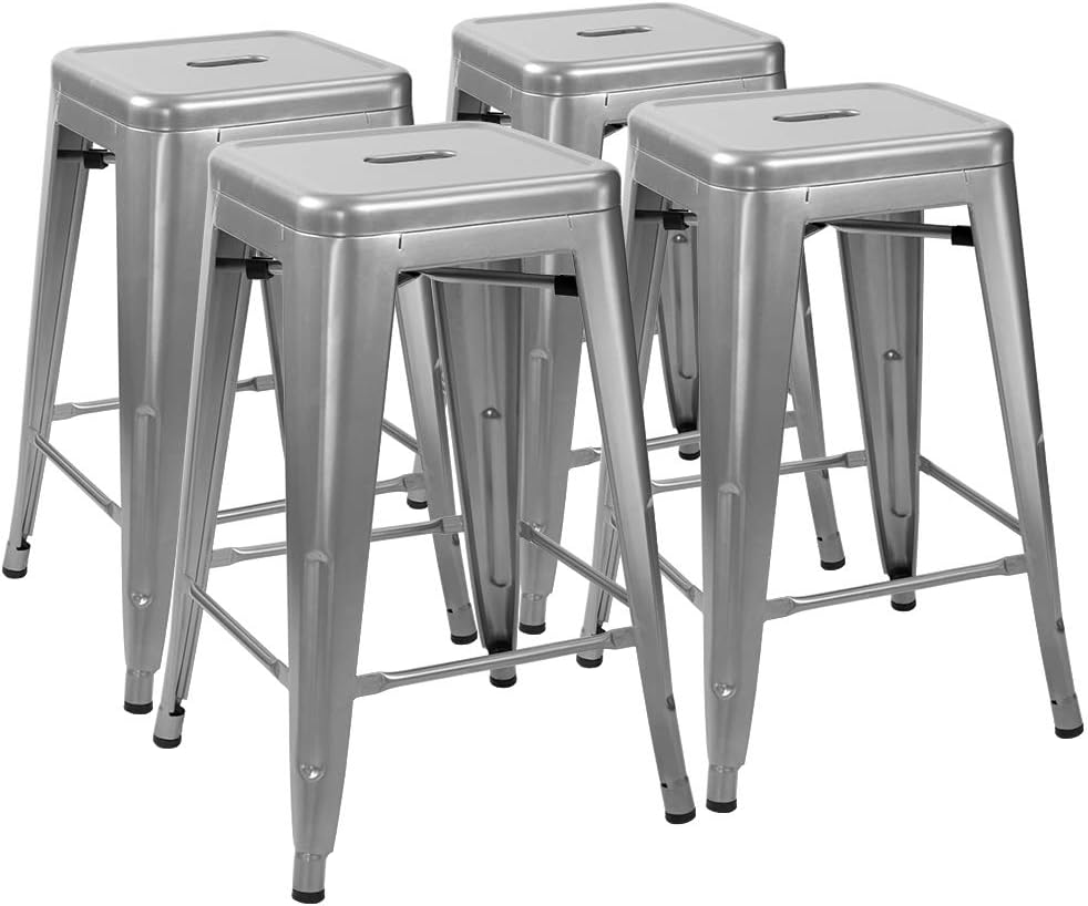 Furmax 24 Inches Metal Bar Stools Bar Height High Backless Stools Indoor Outdoor Stackable Kitchen Stools Set of 4 (Sliver)