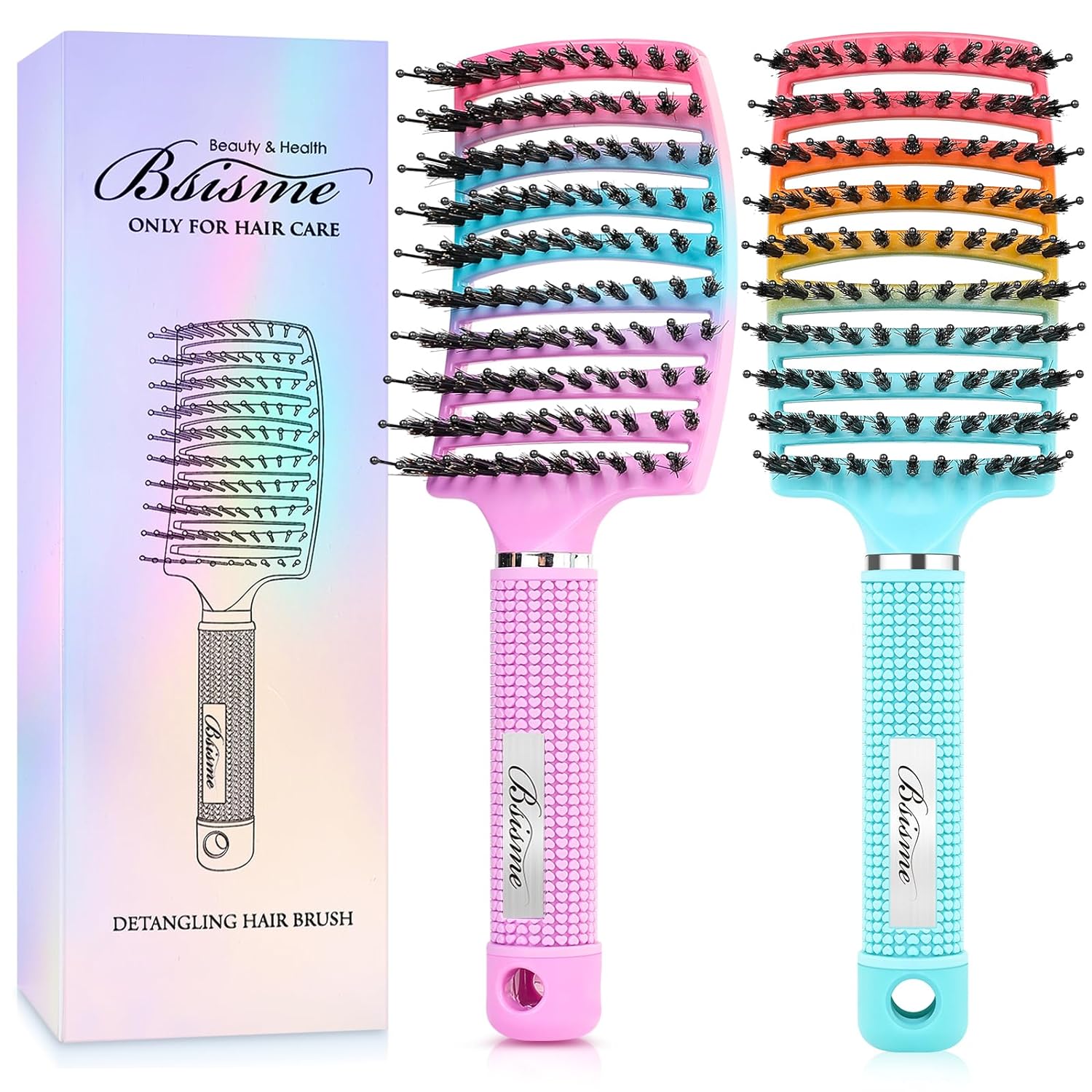 Boar Bristle Hair Brush Curved Vented Detangler Brush Faster Blow Drying, Paddle Detangling Brush for Women Men Kids Wet Dry Long Curly Thick Straight Hair, Make Hair Shiny and Healthier(Purple+Green)