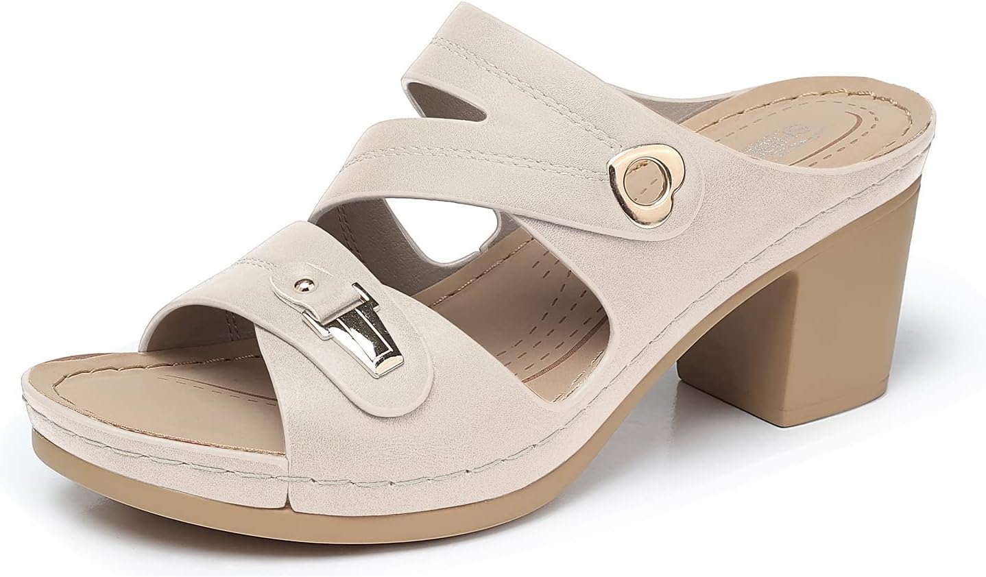 SHIBEVER Women' Summer Sandals, Low Wedge Block Heels, Comfortable PU Leather, Slip-On, Open Toe, Dressy & Casual