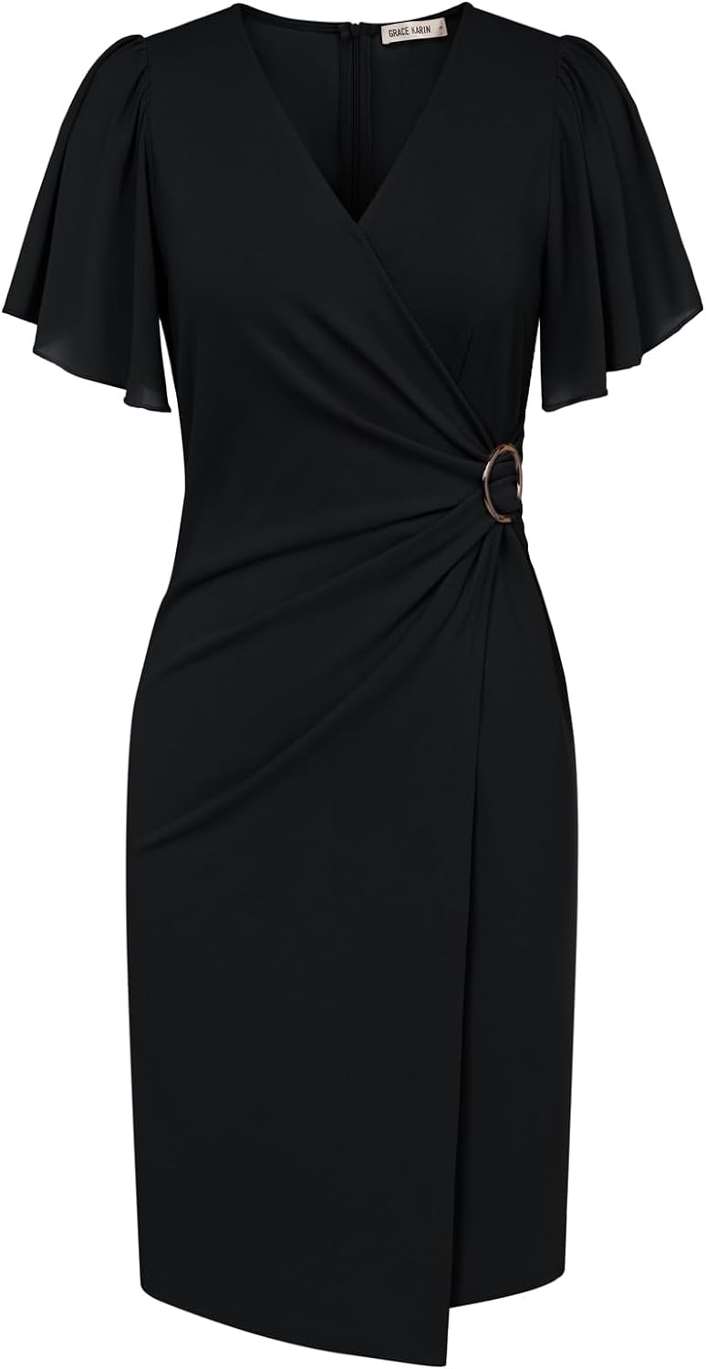 GRACE KARIN Women Sheath Wrap V Neck Bodycon Midi Dress Ruffle Sleeve Ruched Split Formal Cocktail Party Wedding Guest Dress