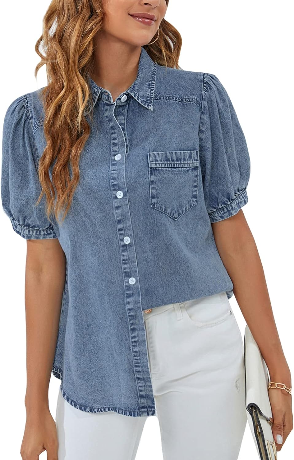 BMJL Womens Denim Shirt Business Casual Button Down Work Blouses Puff Sleeve Summer Tops