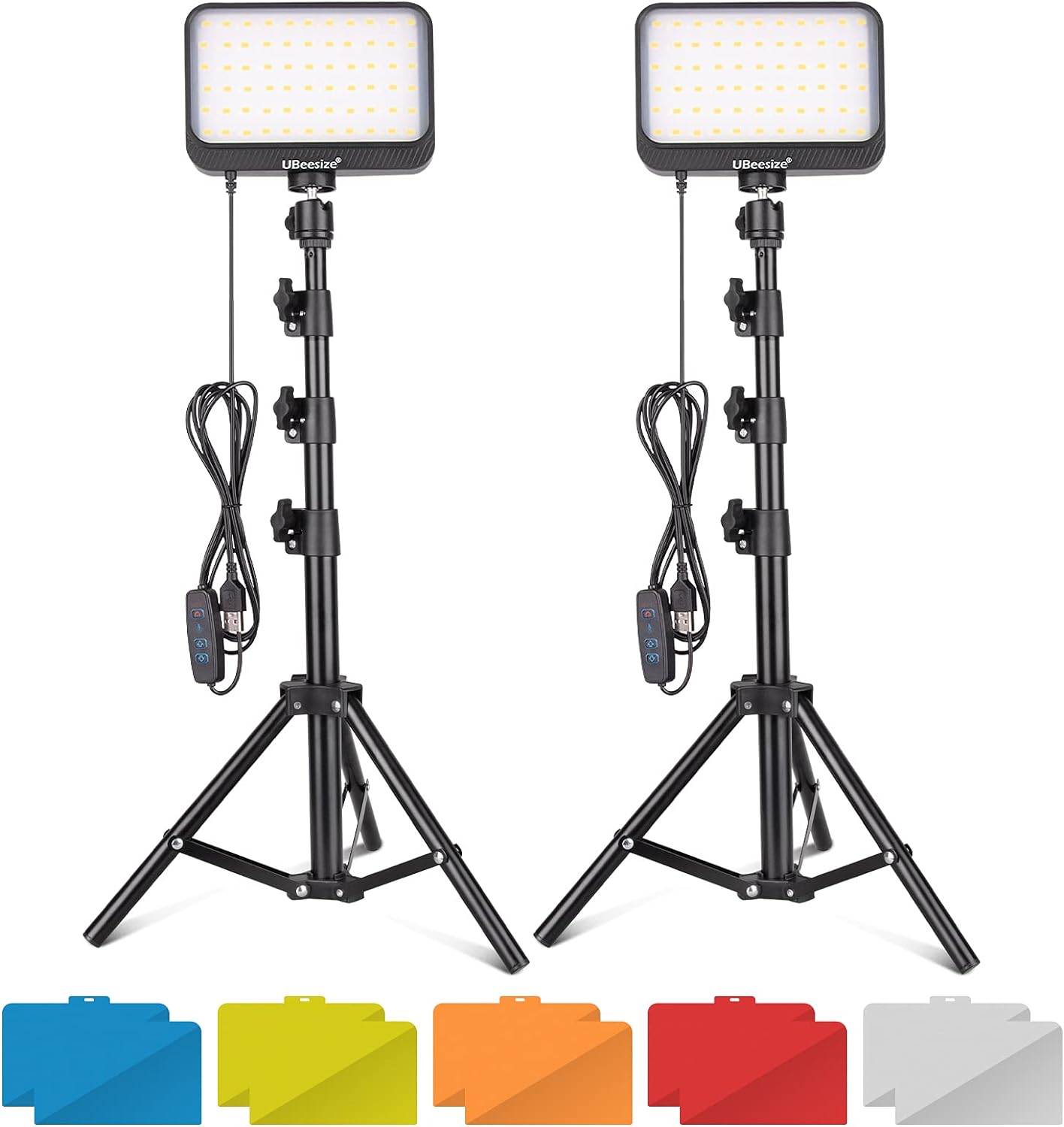 UBeesize LED Video Light Kit, 2Pcs Dimmable Continuous Portable Photography Lighting with Adjustable Tripod Stand & 5 Color Filters for Tabletop/Low-Angle Shooting, for Zoom, Game Streaming, YouTube