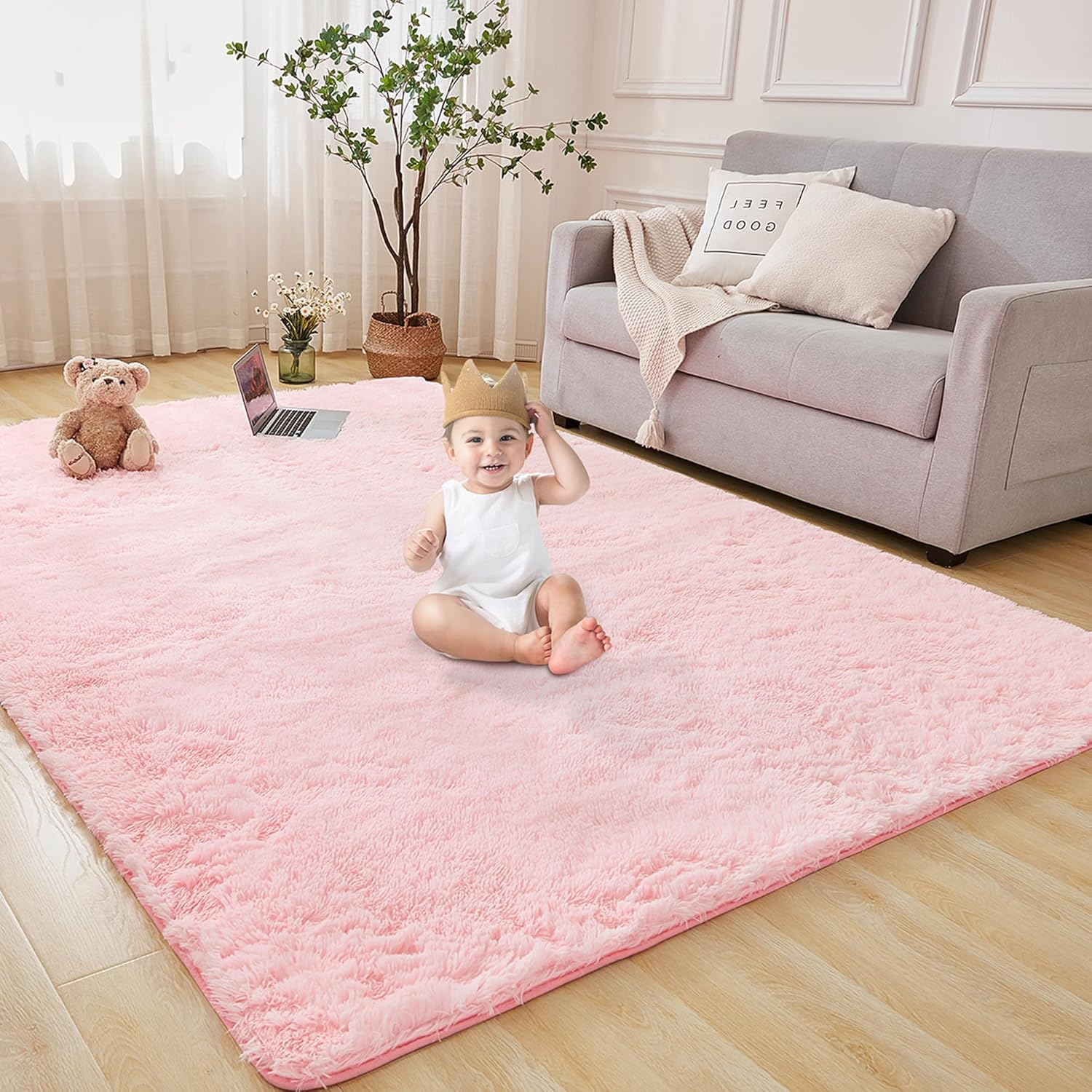 Andency Pink 4x6 Shag Area Rug for Living Room, Faux Fur Fuzzy Plush Indoor Bedroom Rugs & Carpets, Non Skid Soft Fluffy Rug for Nursery Kids Boys Girls Room