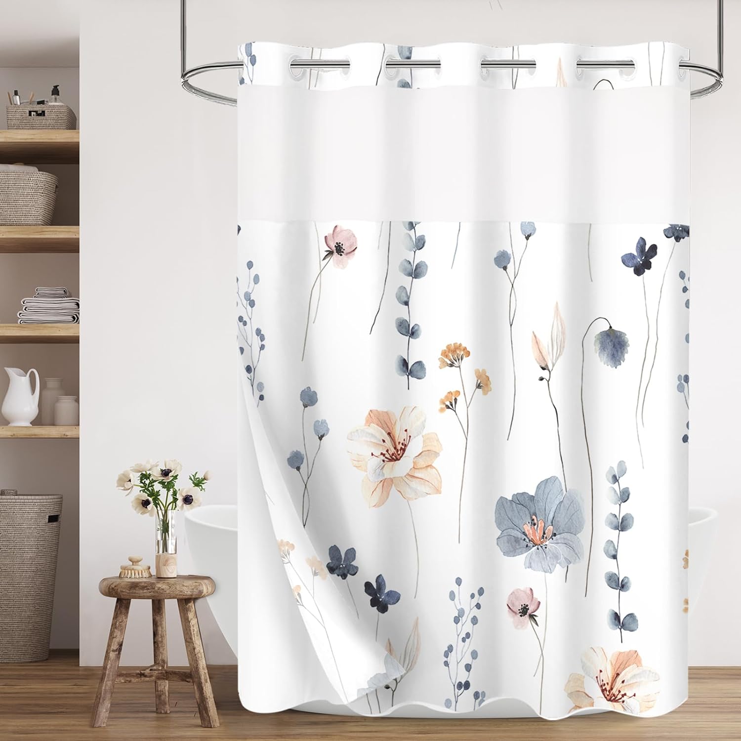 Gibelle No Hook Long Floral Shower Curtain with Snap-in Fabric Liner Set - 72" x 80"(78"), Hotel Style Blue Beige Modern Flower Shower Curtain with See Through Top Window, Waterproof & Washable