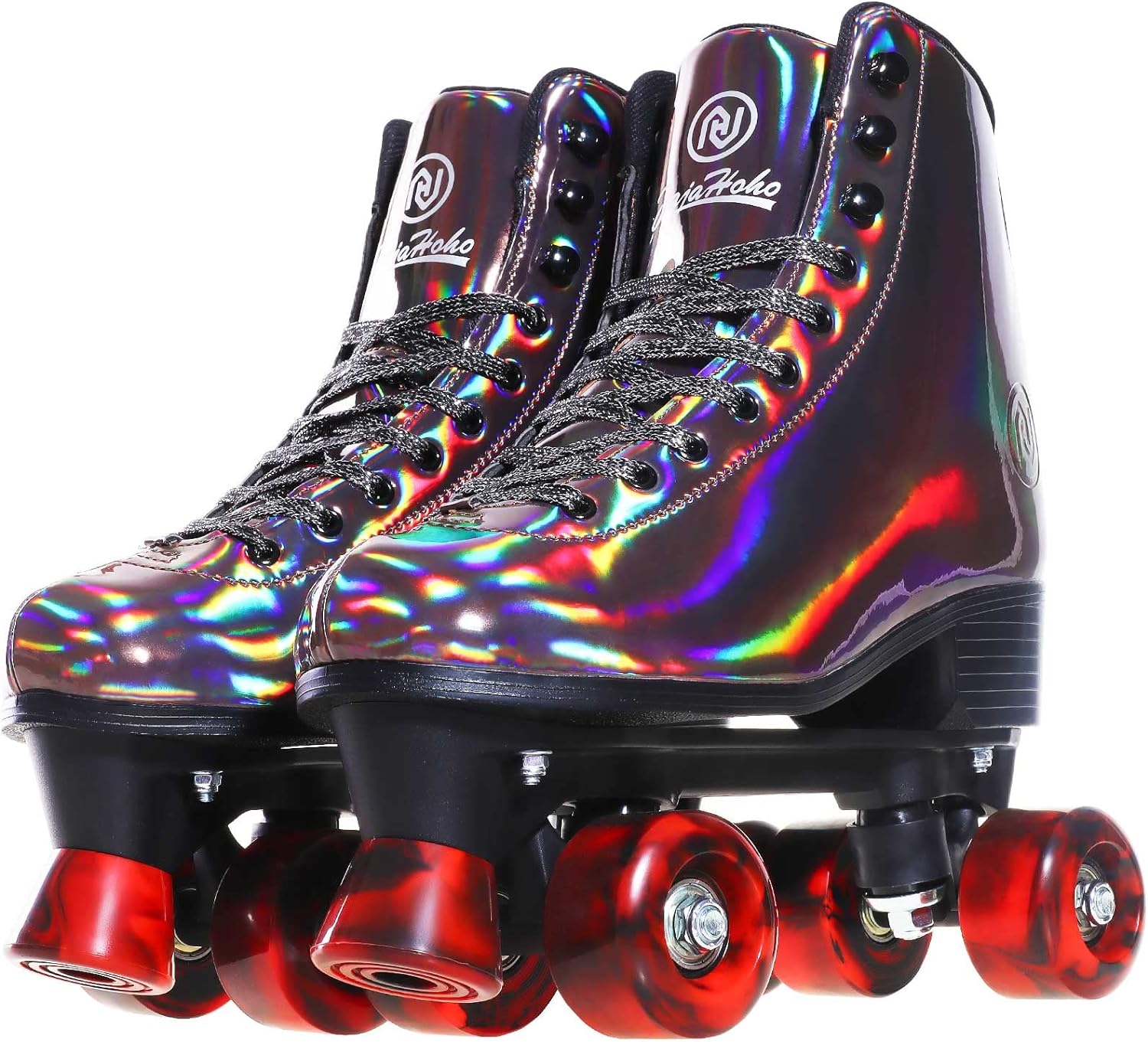 Roller Skates for Women, Black Holographic High Top PU Leather Rollerskates, Shiny Double-Row Four Wheels Quad Skates for Girls and Age 8-50 Indoor Outdoor (Golden Black)