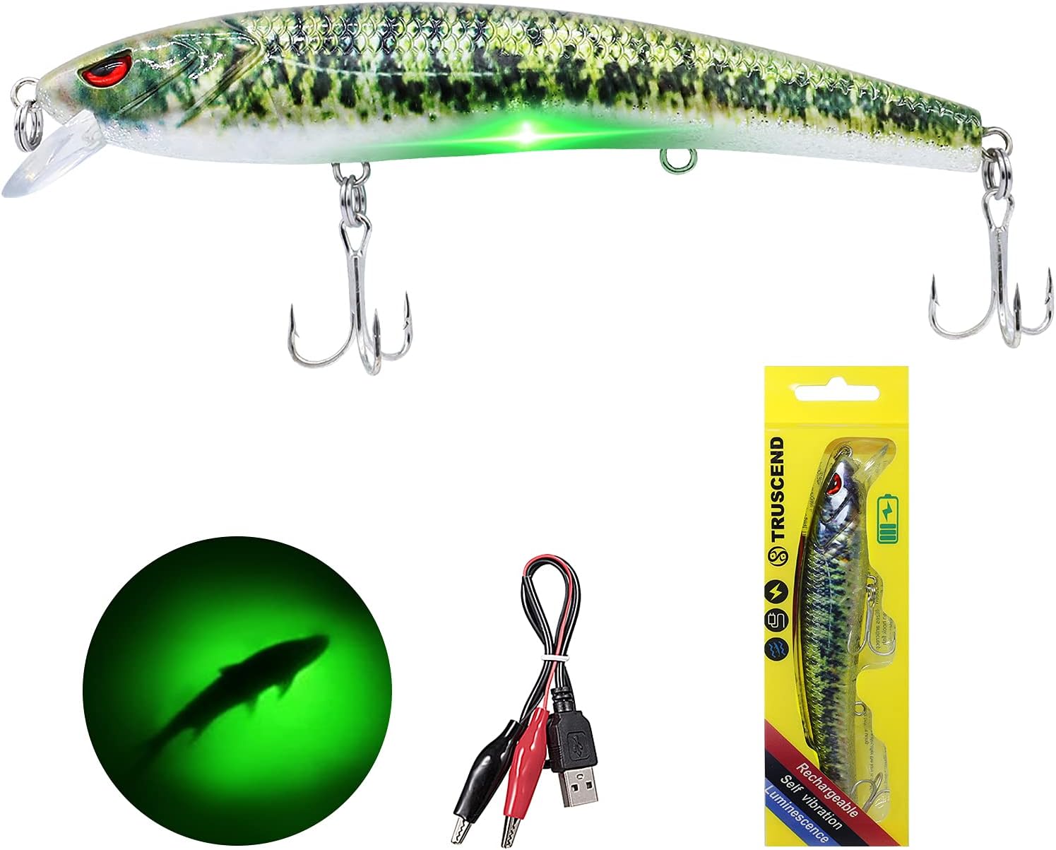 TRUSCEND Electric Twitching Jerkbait, USB Rechargeable LED Lighted Wobbler, Long Casting Slow Sinking Flashing Bass Lures for All-Purpose, Fishing Lures for Freshwater Saltwater, Night Fishing