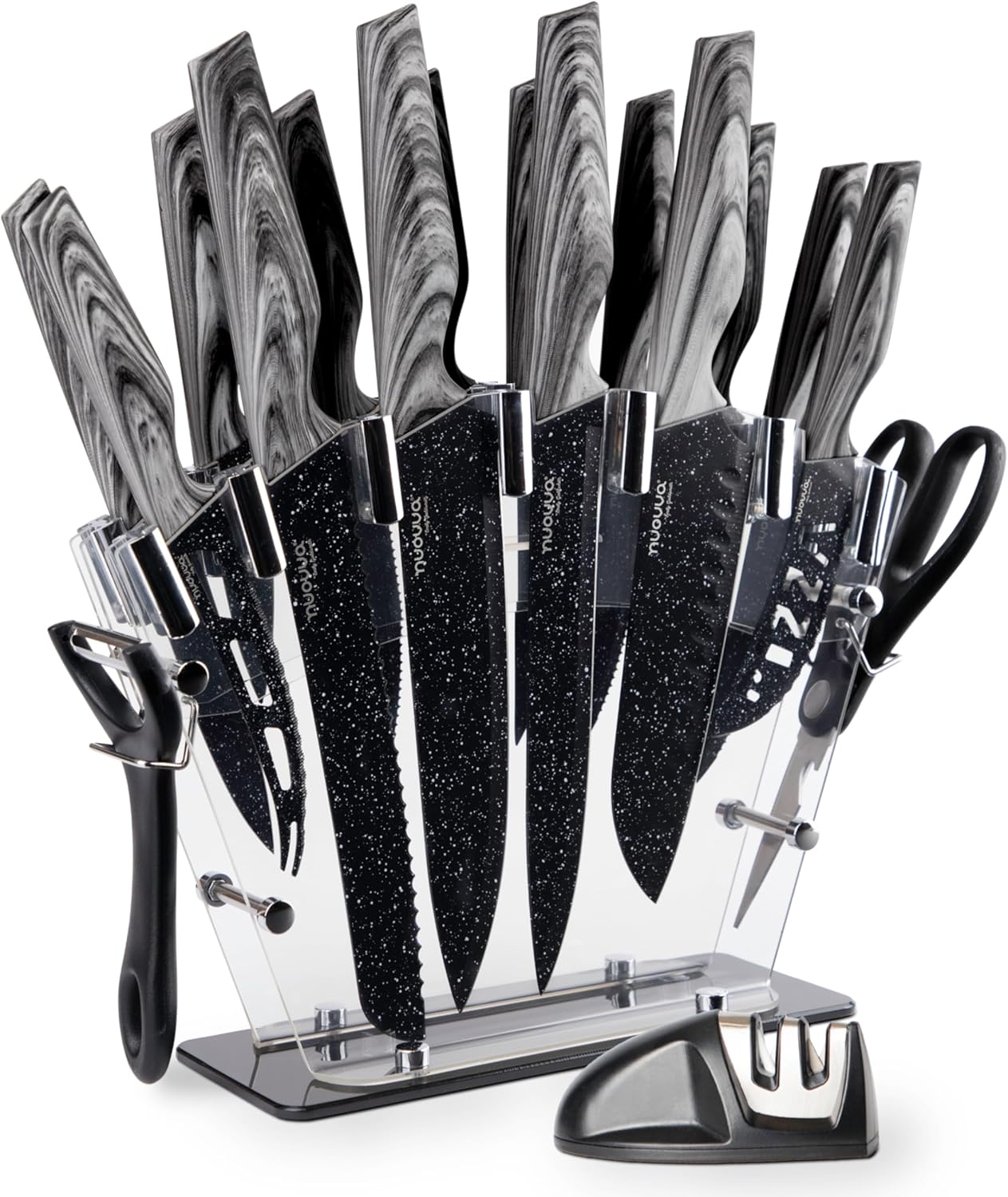 nuovva Professional Kitchen Knife Set with Block - Granite 18 Pcs with Knives Sharpener Peeler and Scissors - Clear Acrylic Block High Carbon Stainless Steel Blades Wood Affect Handle