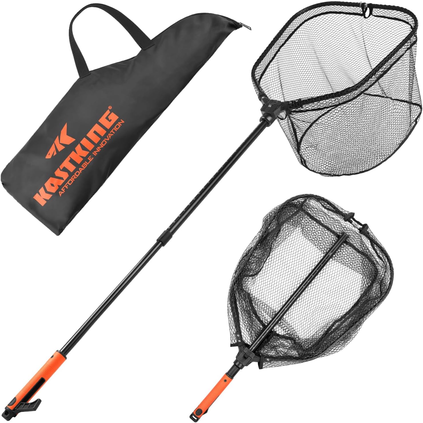 KastKing Brutus Folding Landing Net with Boat Hook, Foldable, Extendable, Lightweight & Strong, Multi-Functional Built-in Boat Hook, Non-Slip & Bright Orange TPR Handle, Two Nets Options