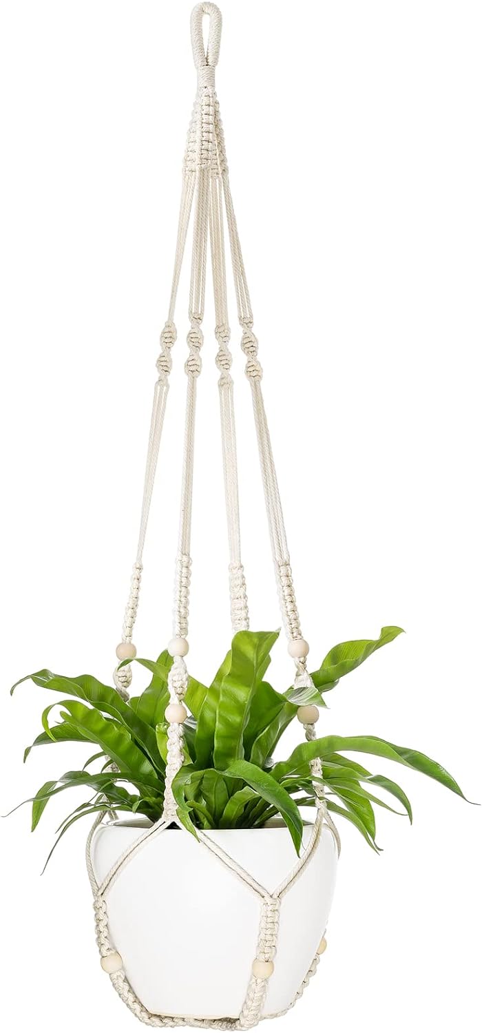 Mkono 43 Inch Macrame Plant Hanger Large for up to 12 Inch Pot Extra Long Hanging Plant Holder No Tassels Hanging Planter Basket with Wood Beads for Indoor Outdoor Boho Home Decor, Ivory