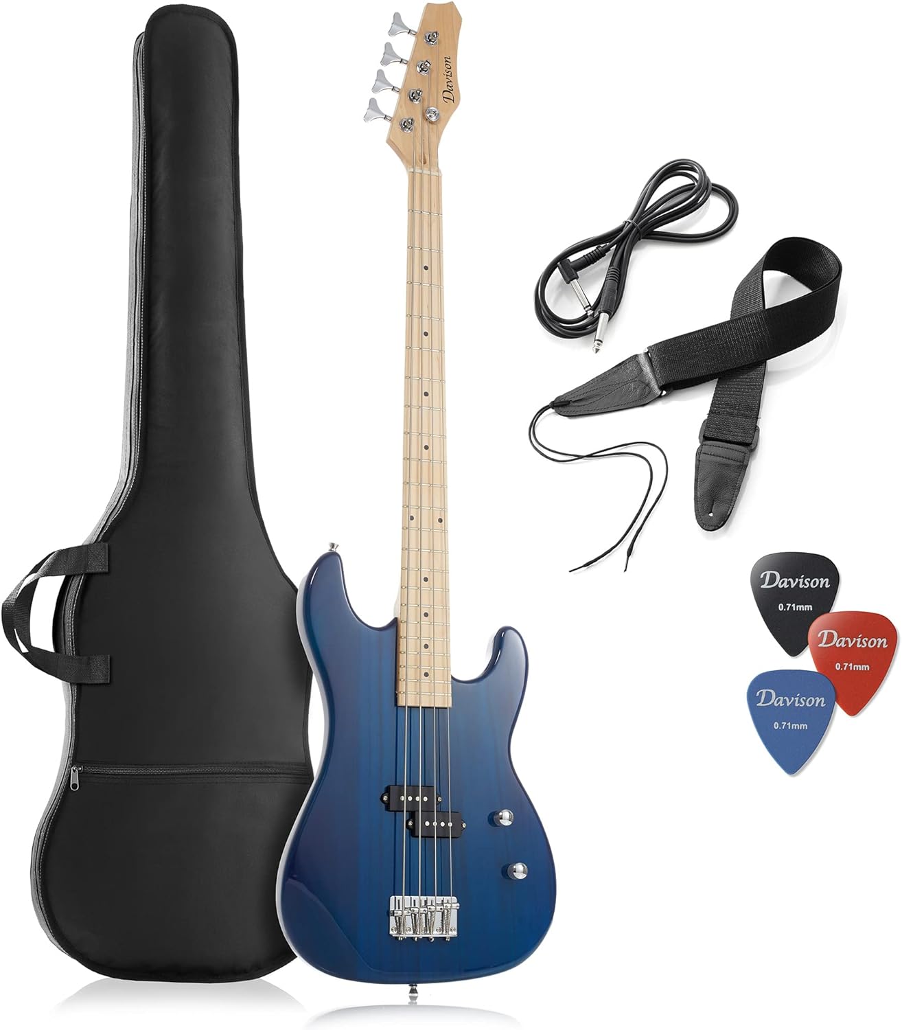 Guitars 4-String Electric Bass Guitar, Blue - Full Size Right Handed Beginner Kit with Gig Bag and Accessories