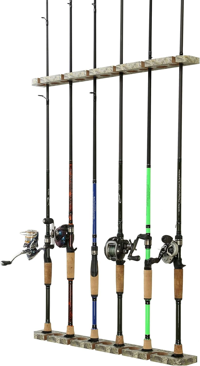 Old Cedar Outfitters 3-in-1 Hanging Fishing Rod Storage Rack, Hang on Walls Horizontally or Vertically, or on Ceilings, Up to 11 Rod Capacity, 25 x 3.15 x 1.4, Camo Finish (CTIO-011)