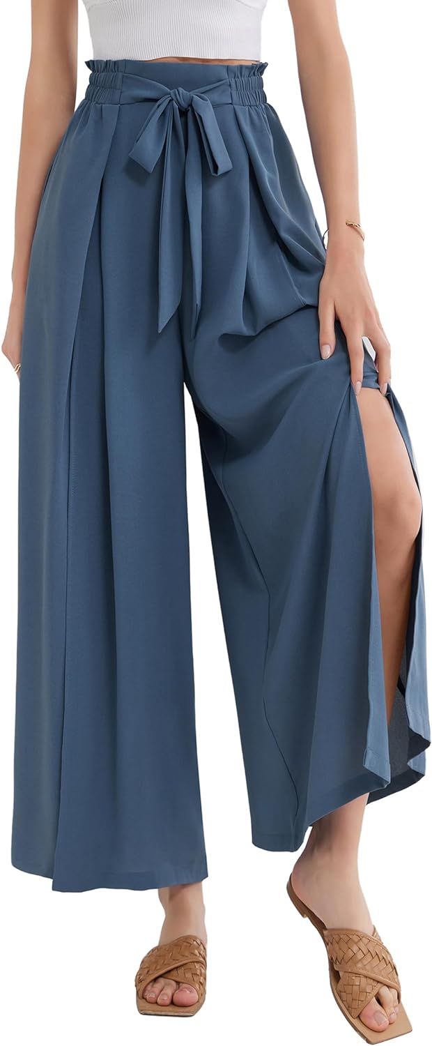 GRACE KARIN Women' Wide Leg Pants with Pockets Lightweight High Waisted Tie Knot Caual Loose Split Flowy Palazzo Trousers