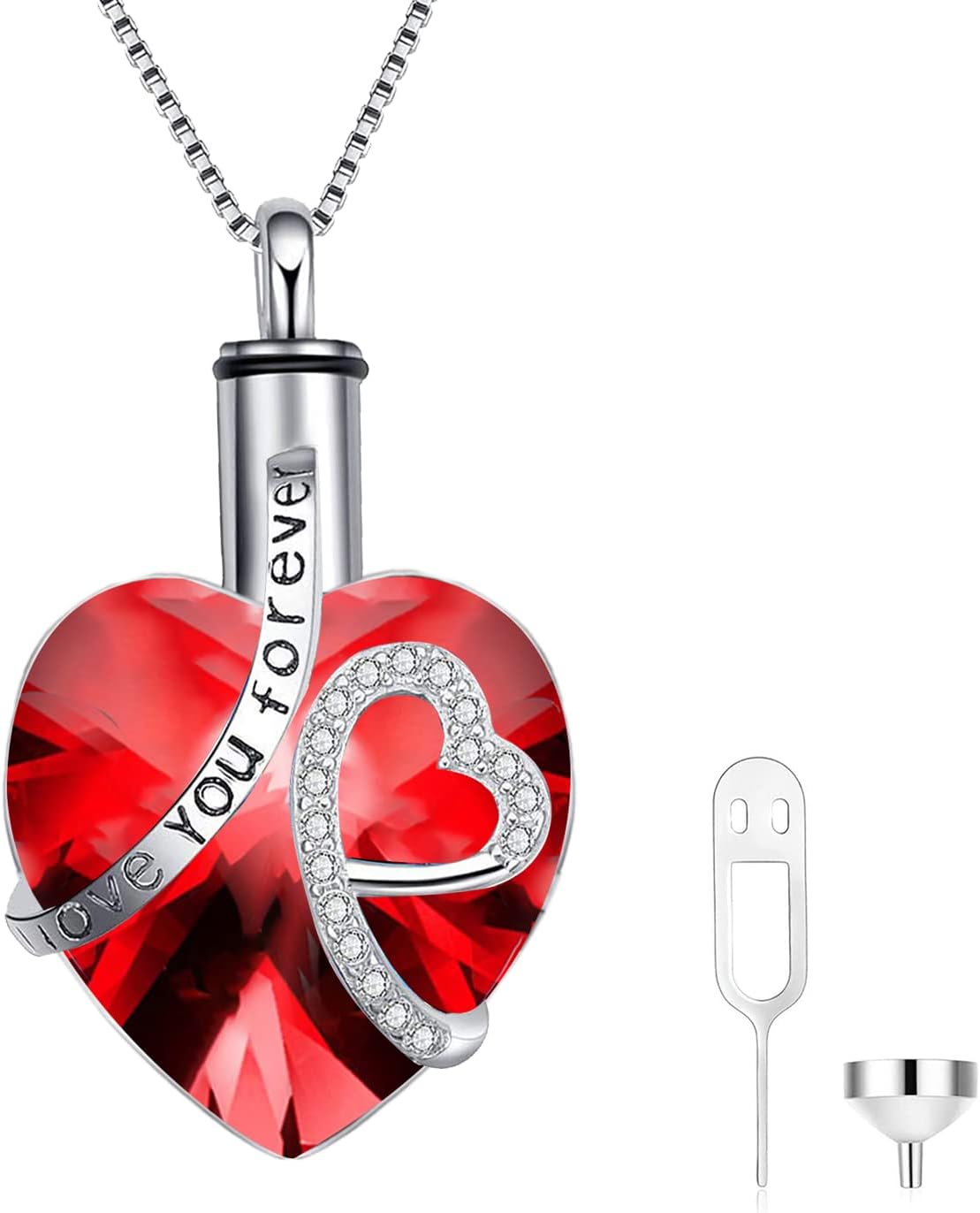 AOBOCO Heart URN Necklace S925 Sterling Silver Cremation Necklace for Ashes Embellished with Crystals from Austria, Fine Keepsake Memorial Jewelry for Ashes (Package including a Necklace/Pin/Funnel)