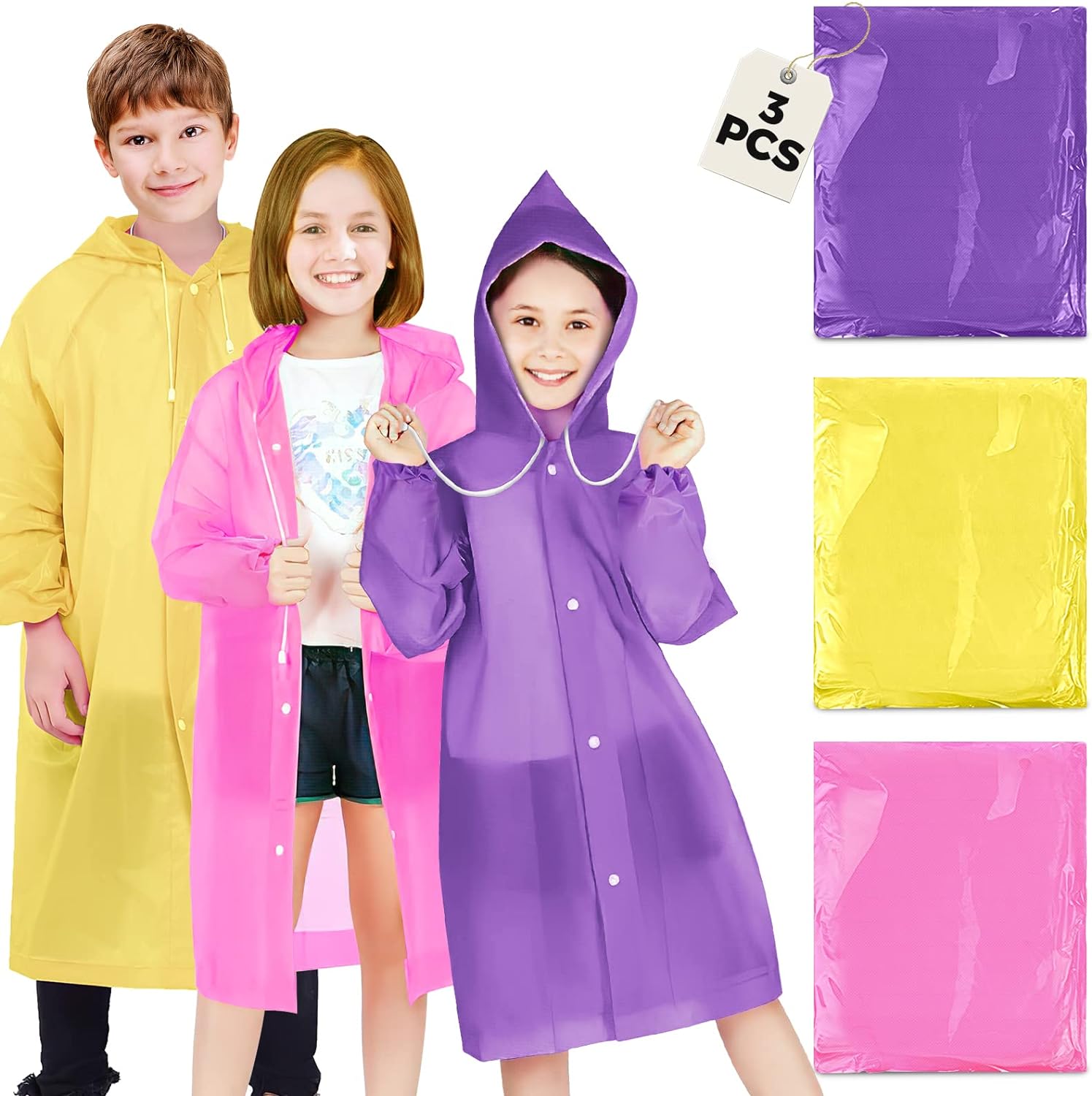 BFONS 3Pack Rain Ponchos for Kids Reusable, 3 Colors EVA Raincoats for Boys Girls with Drawstring Hood and Sleeves, Waterproof Rain Coats Perfect for Camping, Hiking Travel Outdoor Accessories